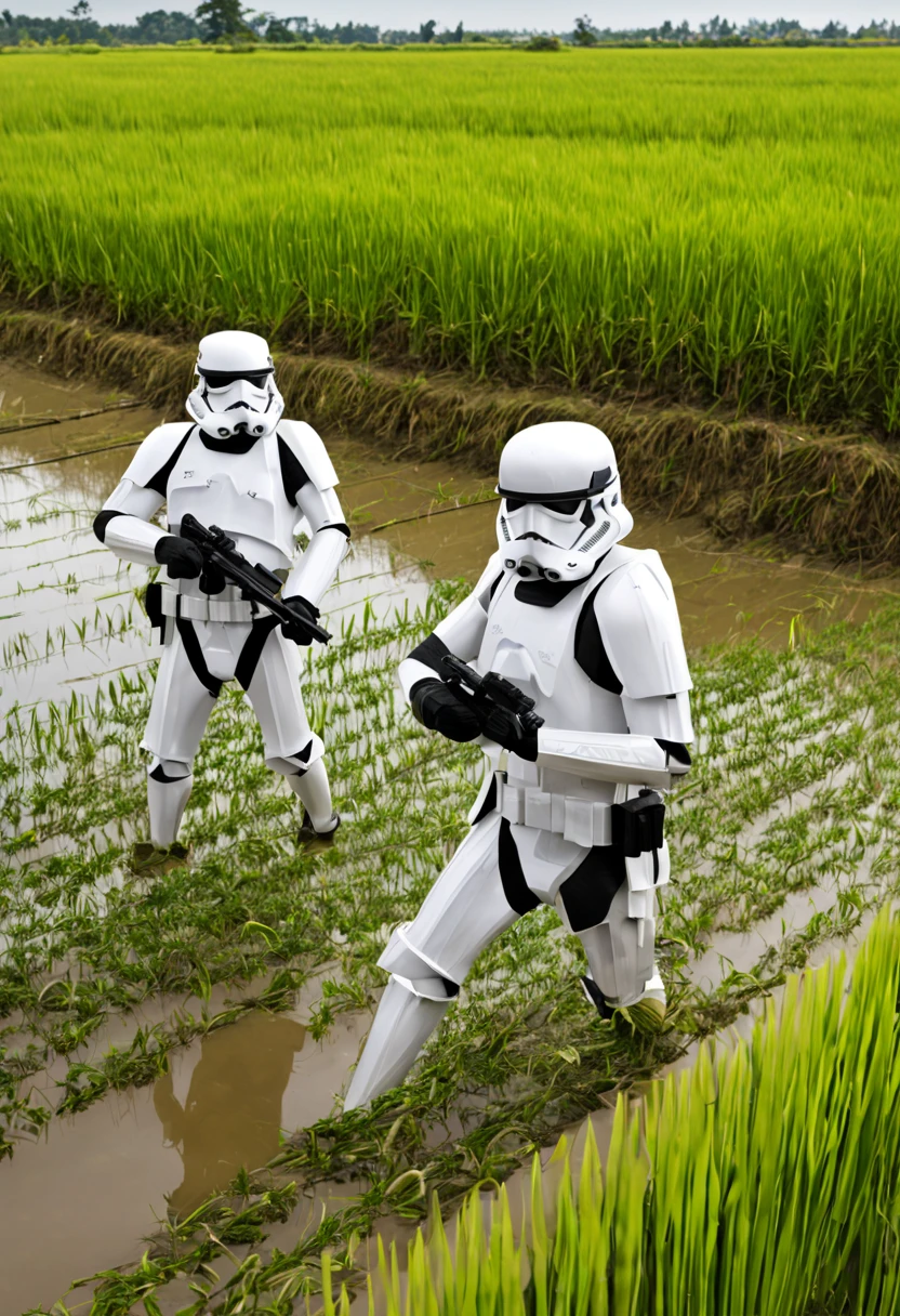 Star Wars setting, Storm Troopers sweep a Rice Paddy looking for an escaped Jedi. The farmers cower in fear