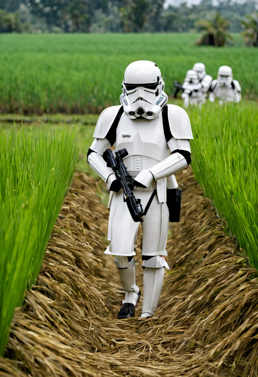 In a Star Wars setting, Storm Troopers sweep a Rice Paddy looking for an escaped Jedi. The scene is set in a vast rice paddy field with tall, green stalks of rice swaying in the gentle breeze. The troopers, dressed in their iconic white armor, move methodically through the muddy terrain, their blasters held firmly in their hands. The troopers are meticulously detailed, showcasing every intricate component of their armor and weaponry. 

As they search, the farmers huddle together in fear, their faces filled with anxiety. The farmers are depicted with realistic expressions, showing their fear and desperation. The troopers' eyes are cold and determined.

The overall image quality is of the highest standard (best quality, 4k, high-res, masterpiece:1.2), ensuring every fine detail is captured. The level of detail is extraordinary, with the troopers' armor exhibiting an ultra-detailed design. The scene is vividly brought to life through professional-level rendering techniques, implementing physically-based rendering to accurately portray the materials and textures.

The art style is inspired by the Star Wars concept art, highlighting the epic nature of the scene. The colors are rich and vibrant, reflecting the sci-fi feel of the Star Wars universe. The lighting is carefully crafted, casting dramatic shadows across the rice paddy field, creating a sense of suspense and tension.

In summary, the prompt would be:

Star Wars setting, Storm Troopers sweep a Rice Paddy looking for an escaped Jedi. Tall green stalks of rice sway in the gentle breeze. The troopers, dressed in their iconic white armor, move methodically through the muddy terrain, their blasters ready. The troopers are meticulously detailed, showcasing every intricate component of their armor and weaponry. The farmers cower together in fear, their realistic expressions filled with anxiety. The image quality is of the highest standard (best quality, 4k, high-res, masterpiece:1.2), capturing every fine detail. The troopers' armor exhibits an ultra-detailed design. The art style is inspired by Star Wars concept art, with rich and vibrant colors that reflect the sci-fi feel. The lighting casts dramatic shadows, adding to the suspense and tension of the scene.