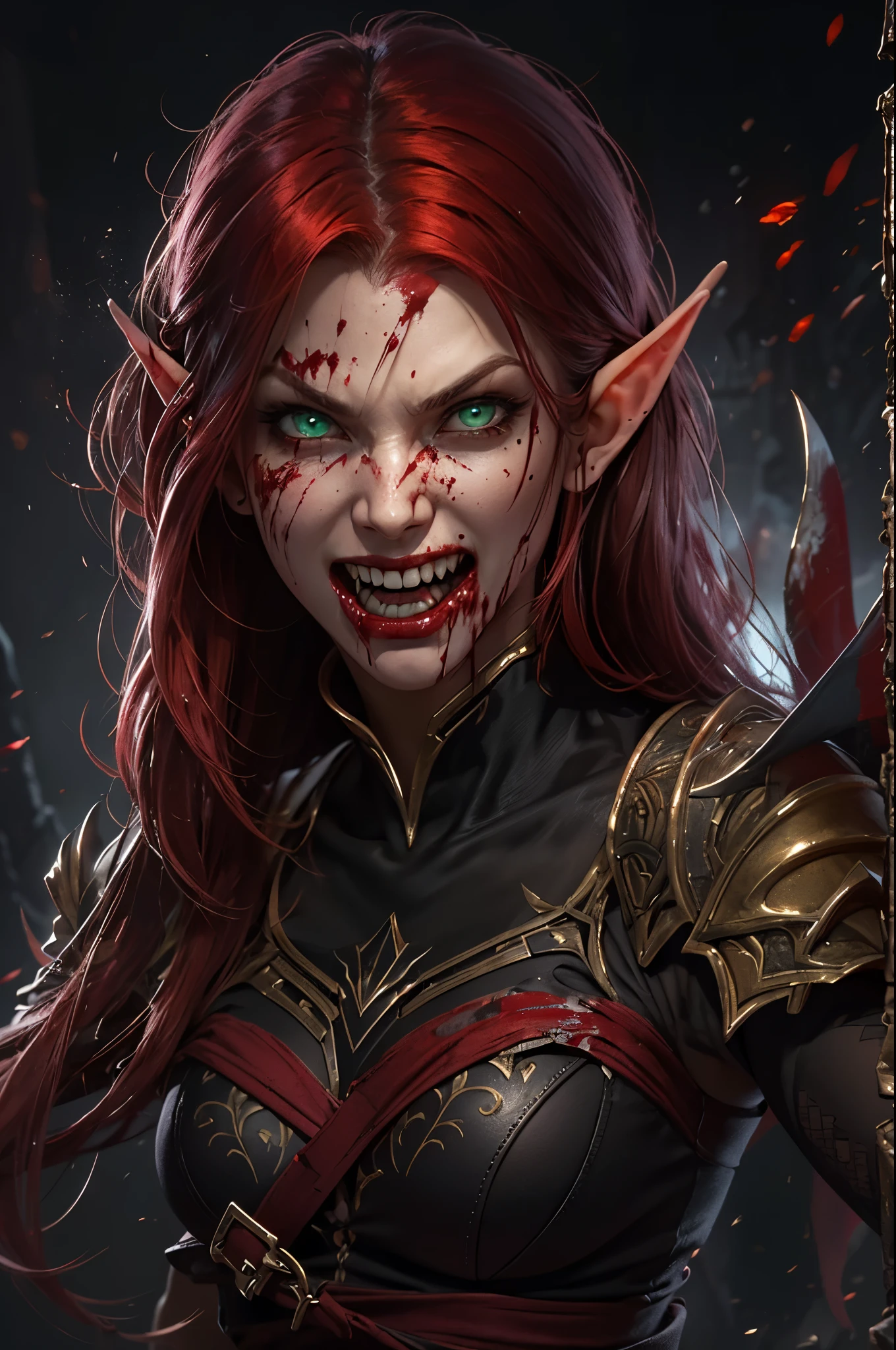 (highres,photorealistic),(powerful,red-haired),(detailed face and expression),(half elf),(dark green eyes),(demon morph),(mileena mortal kombat),(dark attire),(stretched mouth),(dark, mysterious background),(intense lighting),(magic),(blood),(bloody teeth)