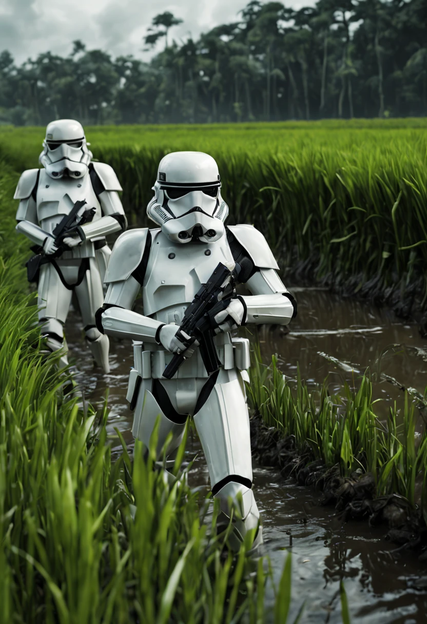 In a Star Wars setting, Storm Troopers sweep a Rice Paddy looking for an escaped Jedi. The scene is set in a vast rice paddy field with tall, green stalks of rice swaying in the gentle breeze. The troopers, dressed in their iconic white armor, move methodically through the muddy terrain, their blasters held firmly in their hands. The troopers are meticulously detailed, showcasing every intricate component of their armor and weaponry. 

As they search, the farmers huddle together in fear, their faces filled with anxiety. The farmers are depicted with realistic expressions, showing their fear and desperation. The troopers' eyes are cold and determined.

The overall image quality is of the highest standard (best quality, 4k, high-res, masterpiece:1.2), ensuring every fine detail is captured. The level of detail is extraordinary, with the troopers' armor exhibiting an ultra-detailed design. The scene is vividly brought to life through professional-level rendering techniques, implementing physically-based rendering to accurately portray the materials and textures.

The art style is inspired by the Star Wars concept art, highlighting the epic nature of the scene. The colors are rich and vibrant, reflecting the sci-fi feel of the Star Wars universe. The lighting is carefully crafted, casting dramatic shadows across the rice paddy field, creating a sense of suspense and tension.

In summary, the prompt would be:

Star Wars setting, Storm Troopers sweep a Rice Paddy looking for an escaped Jedi. Tall green stalks of rice sway in the gentle breeze. The troopers, dressed in their iconic white armor, move methodically through the muddy terrain, their blasters ready. The troopers are meticulously detailed, showcasing every intricate component of their armor and weaponry. The farmers cower together in fear, their realistic expressions filled with anxiety. The image quality is of the highest standard (best quality, 4k, high-res, masterpiece:1.2), capturing every fine detail. The troopers' armor exhibits an ultra-detailed design. The art style is inspired by Star Wars concept art, with rich and vibrant colors that reflect the sci-fi feel. The lighting casts dramatic shadows, adding to the suspense and tension of the scene.