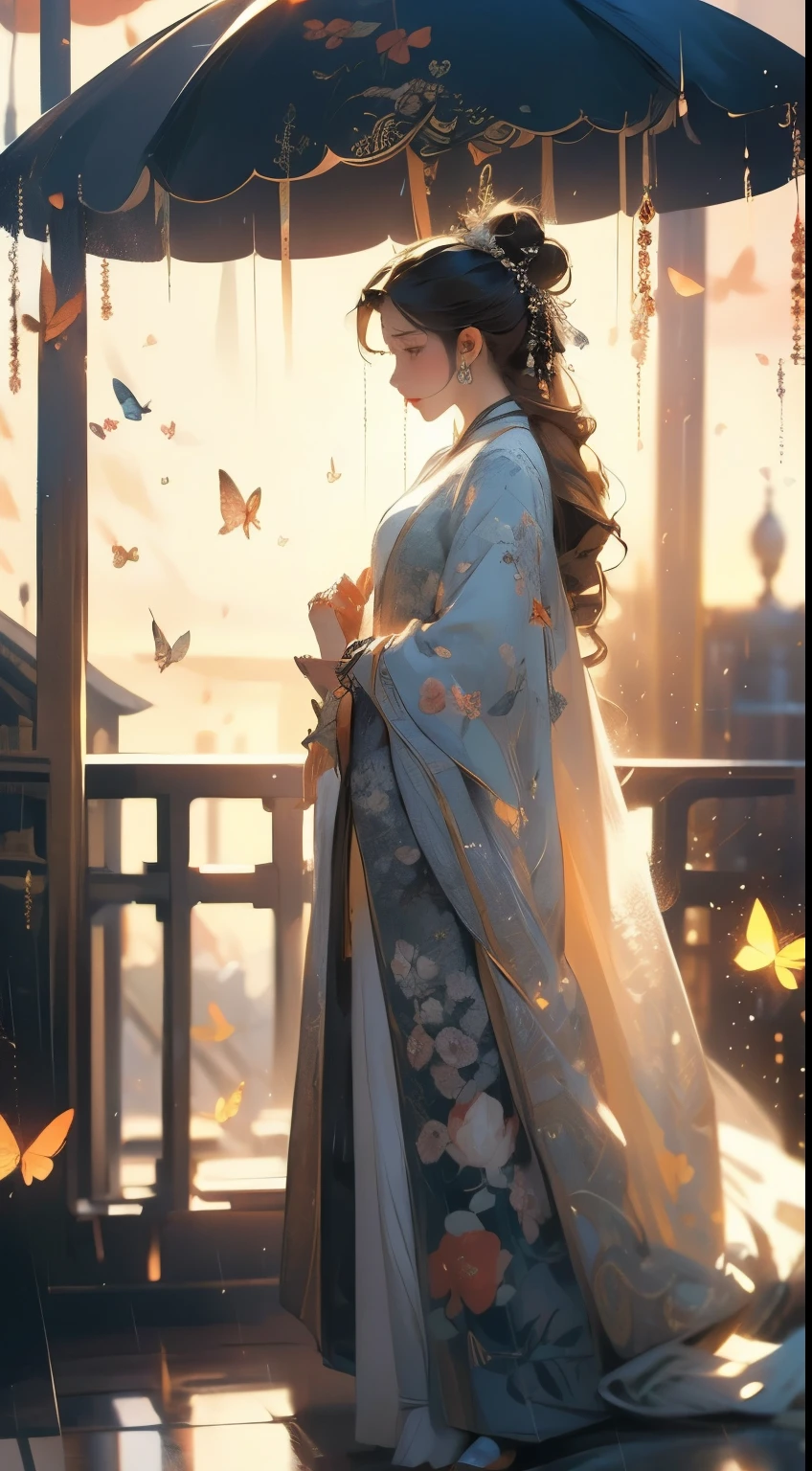 1 girl, Full body image, flaxen hair, flowing hair, hazy beauty, Extremely beautiful facial features, White embroidered dress, hairpins on head, lying among flowers, Hand dragging chin, perfect hands, camellia, (spring, rainy day, Butterfly, cliff), simple vector art, Chinese contemporary art, soft light, tangled scarf, look down
