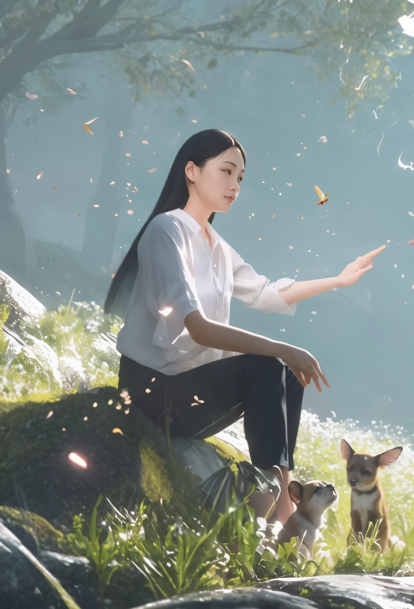 Rainy forest in spring,a woman wears white shirt and black pants,sits on grass and pets small animals,long black hair ,There are scattered fireflies around,calm water, meadow,flowers, leaves,Best quaity, lsometic view, oc render,C4D, sense of light,fairytale, fantasy, bright background, Artwork,16k ,superdetailed