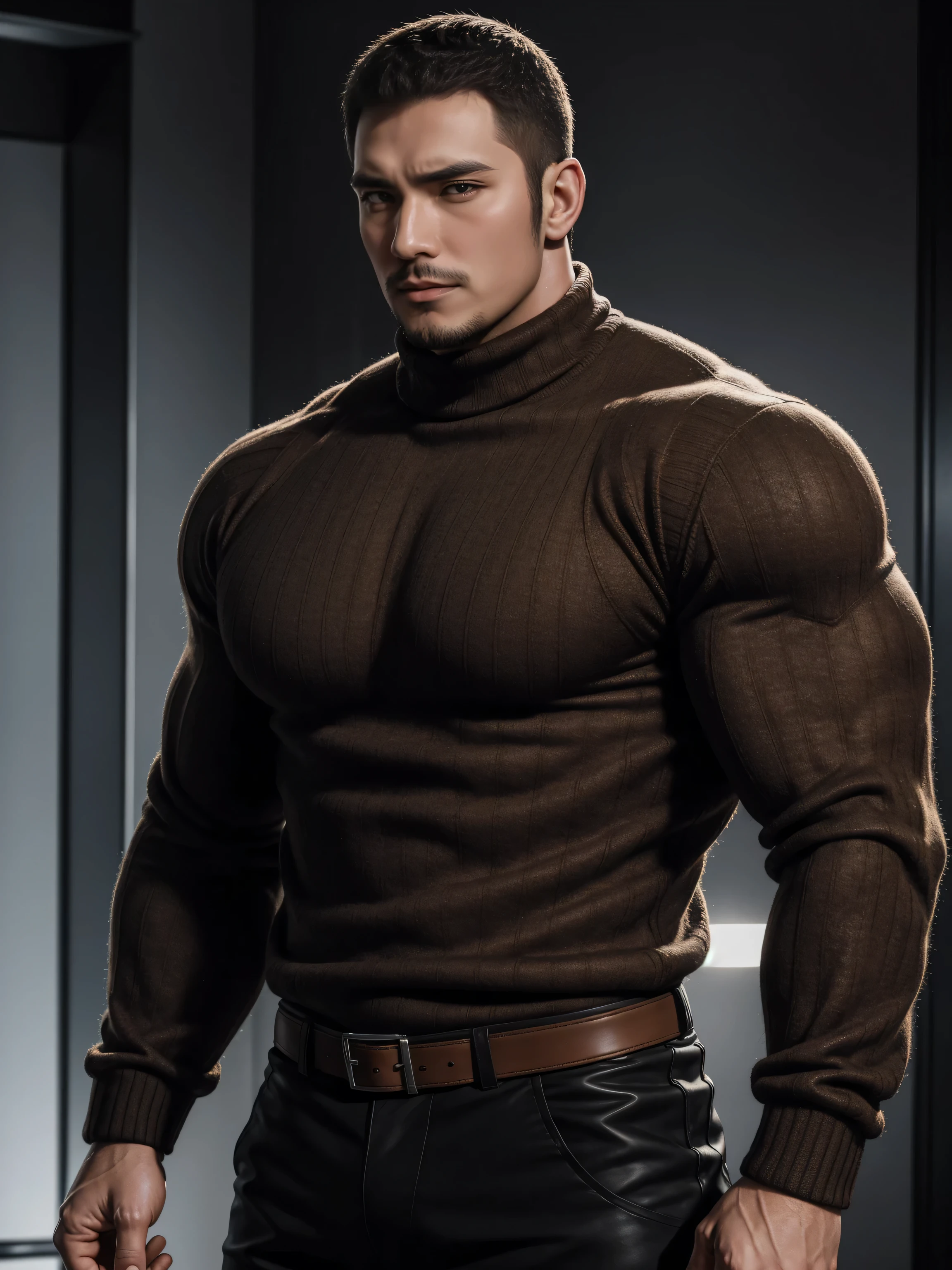 Tall giant muscular 肌肉男,Brown-gray turtleneck long-sleeved sweater,stretch sweater texture,character concept(Resident Evil - chris redfield,chris redfield)sad expression,Deep and charming eyes,heroic male pose,高大burly,muscular!High, burly, Heqiang, Super gain and cool, high resolution committee,Charming strong man,The bright sunshine is shining on you
