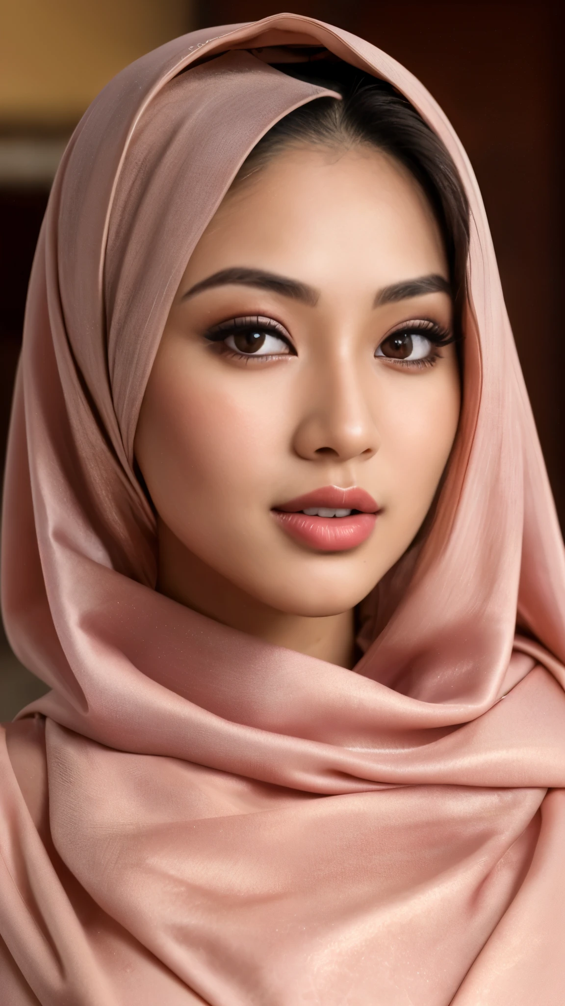 Aura Kasih, a stunning 30-year-old woman, poses for a RAW photo shoot in the best quality, Ultra High Resolution 8k, making it a true masterpiece. Her photorealistic features are captured in every detail, from her dreamlike, pureerosface_v1.0 face close-up, to her high-definition eyes with intricately detailed pupils. The HDR lighting beautifully illuminates her delicate facial features, revealing the textures of her immaculate skin, visible pores and all.

Her tall, slim figure wears a body-hugging, skin-tight pastel silk Malay gamis with a hijab