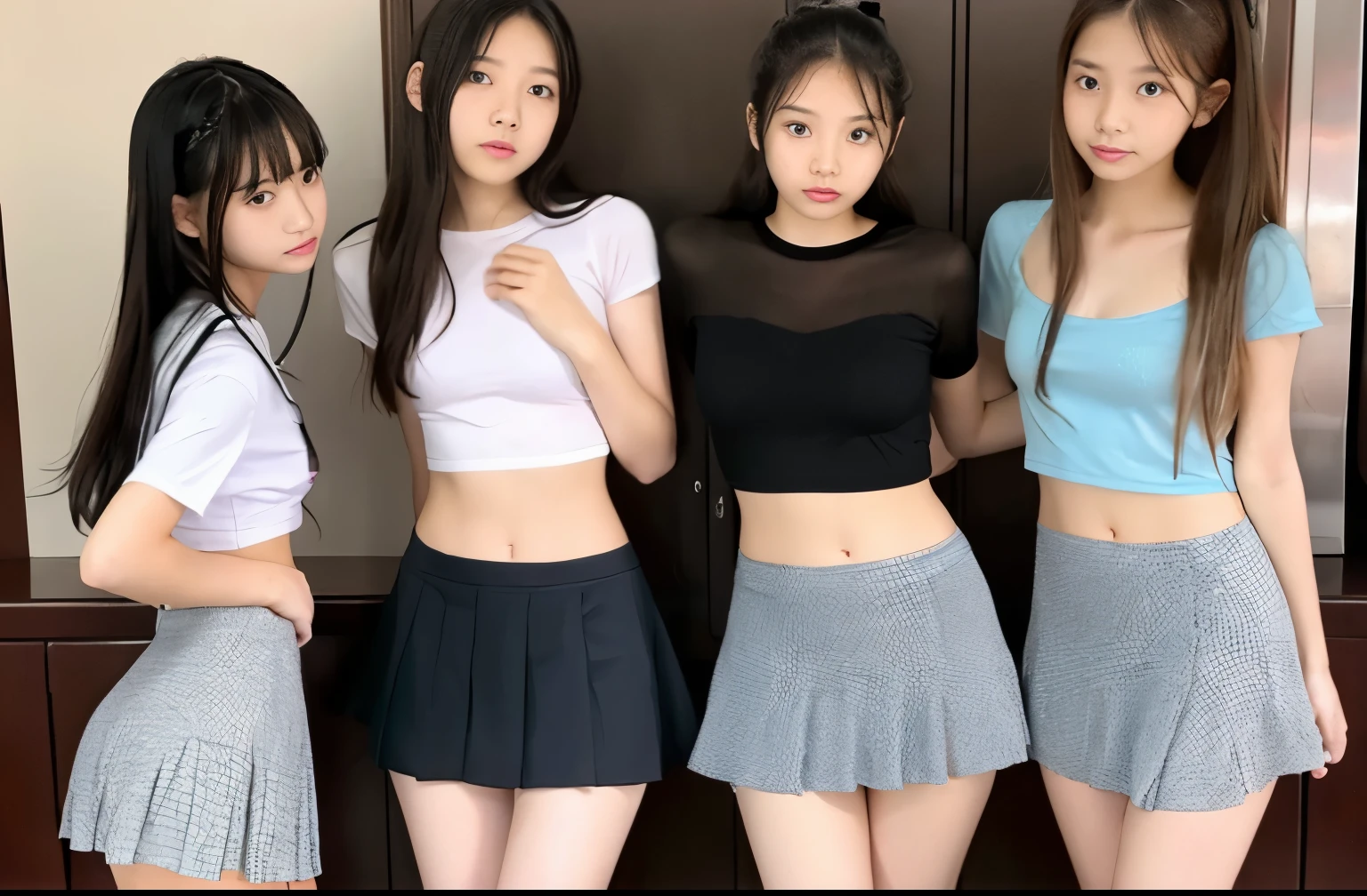 Big Breasts、Nipples、A group of 10 female students standing in a row、1 Female、(Super beautiful)、(Facial beauty:1.5)、(Spread your legs:1.3)、(White panties:1.5)、concert、Idol、uniform、(funeral)、(Black background, Long Sleeve Dress:1.5)、Black background High Heels、(At SFW:1.3)、(Bare legs:1.1)