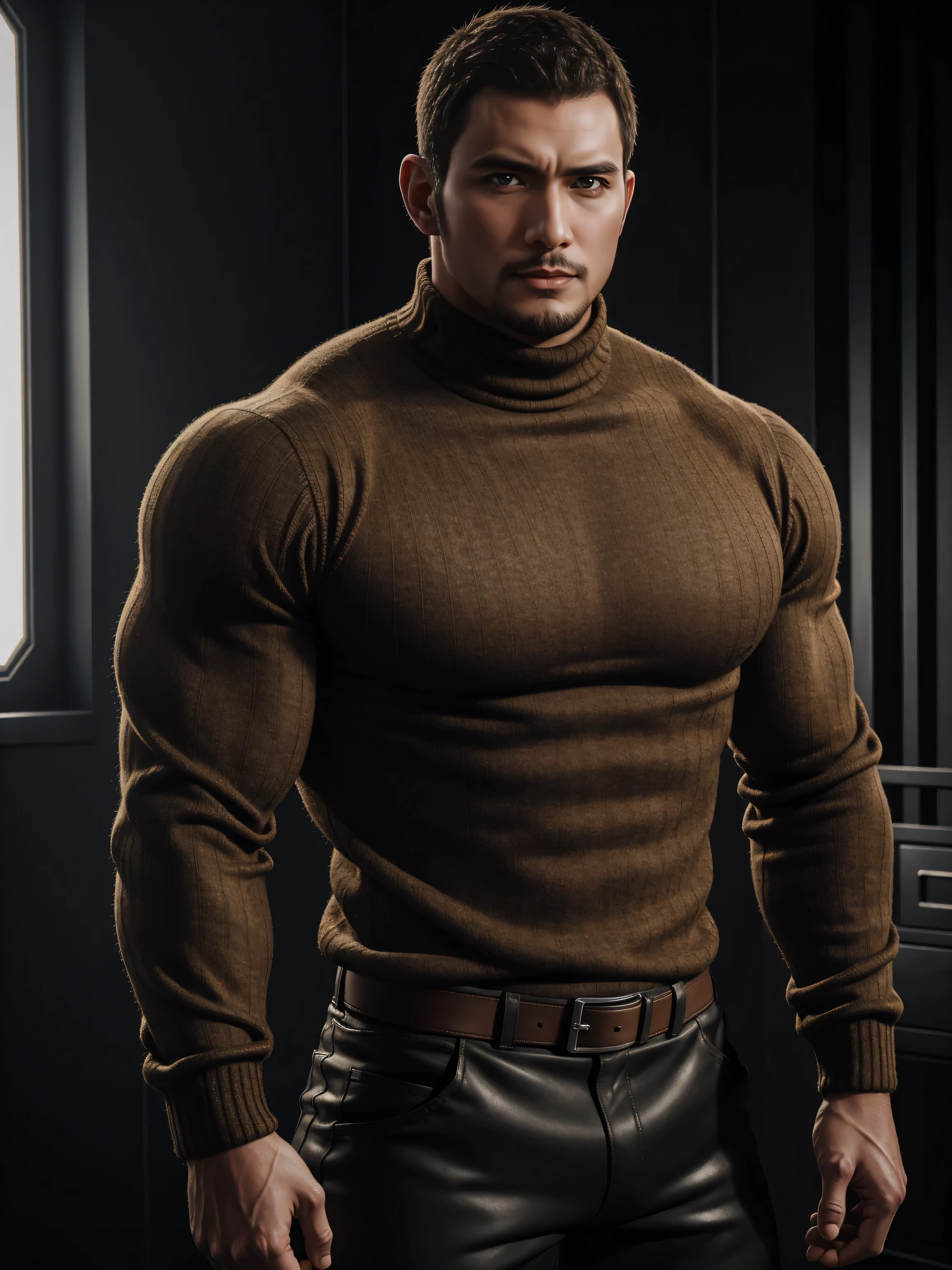 Tall giant muscular 肌肉男，Brown-gray turtleneck long-sleeved sweater，stretch sweater texture，character concept（Resident Evil - chris redfield，chris redfield）sad expression，Deep and charming eyes，heroic male pose，高大burly，muscular！High, burly, Heqiang，  Super gain and cool， high resolution committee，Charming strong man，The bright sunshine is shining on you