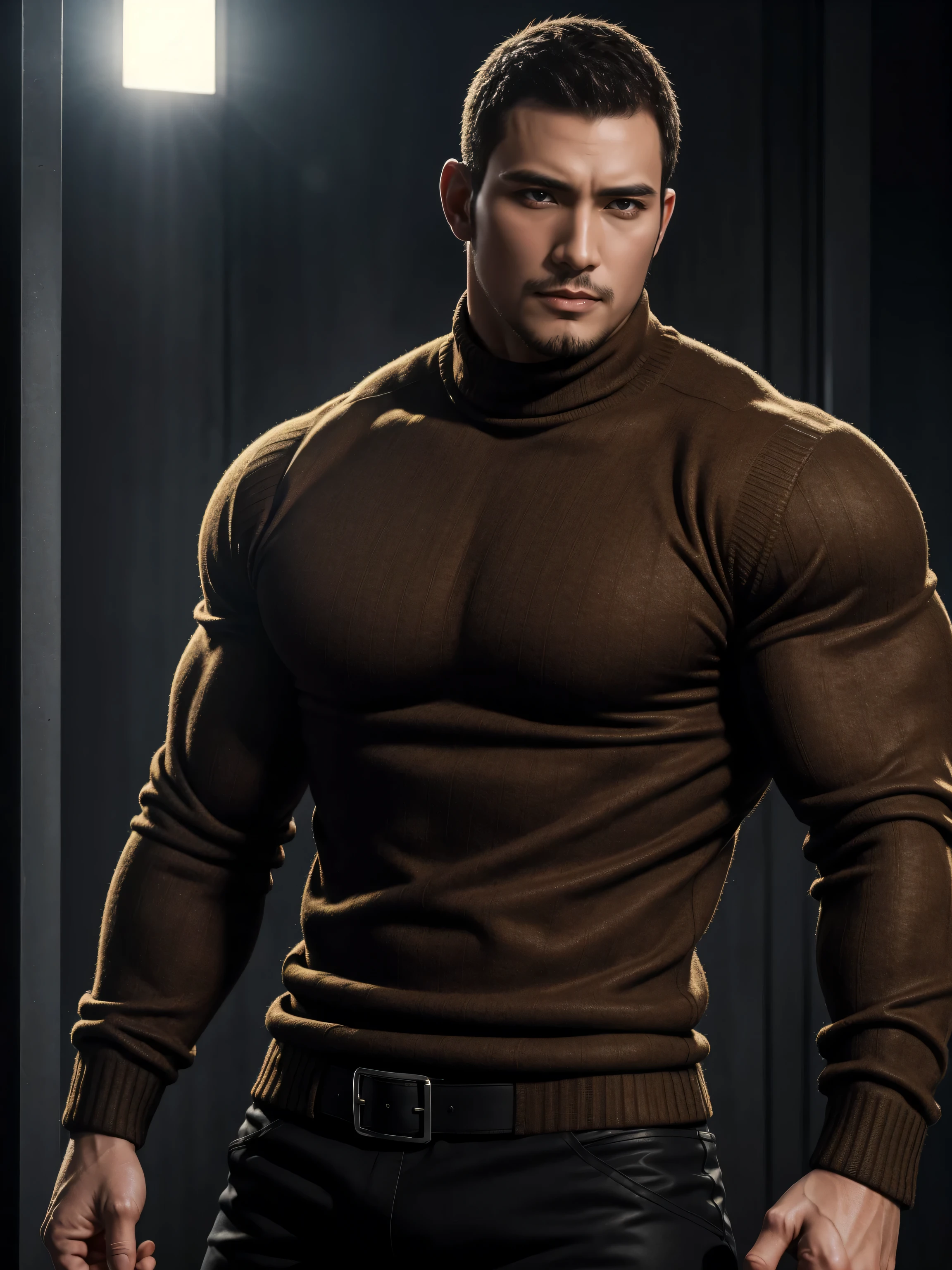 Tall giant muscular 肌肉男，Brown-gray turtleneck long-sleeved sweater，stretch sweater texture，character concept（Resident Evil - chris redfield，chris redfield）sad expression，Deep and charming eyes，heroic male pose，高大burly，muscular！High, burly, Heqiang，  Super gain and cool， high resolution committee，Charming strong man，The bright sunshine is shining on you