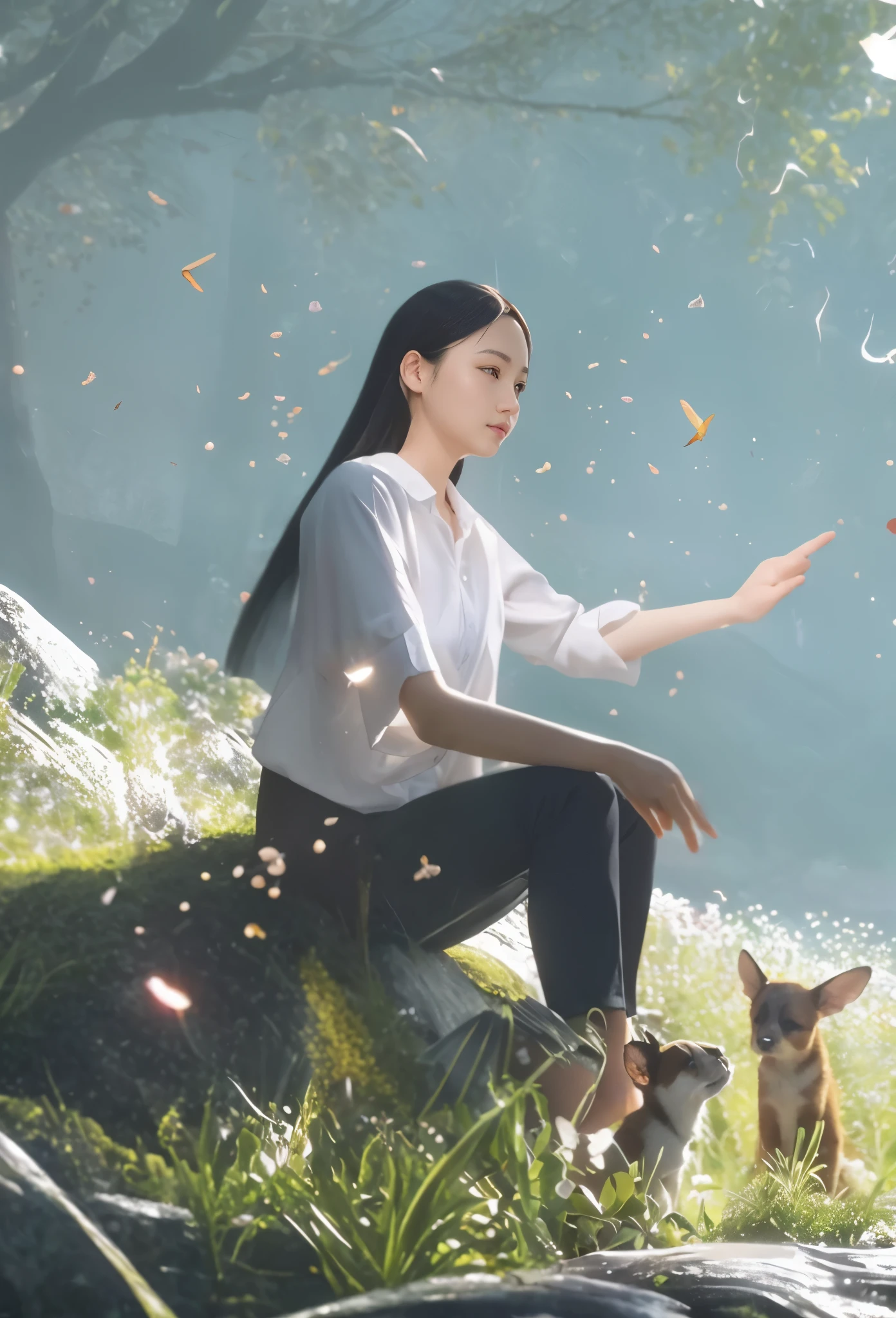 Rainy forest in spring,a woman wears white shirt and black pants,sits on grass and pets small animals,long black hair ,There are scattered fireflies around,calm water, meadow,flowers, leaves,Best quaity, lsometic view, oc render,C4D, sense of light,fairytale, fantasy, bright background, Artwork,16k ,superdetailed