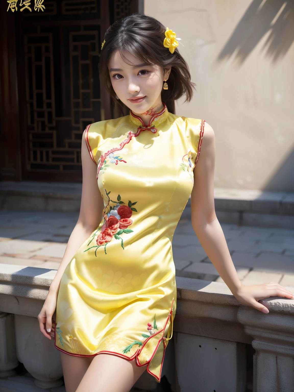 ulzzang -6500-v1.1, (Raw foto:1.2), (Photorealsitic:1.4), Delicate beautiful girl，The sparkling eyes have a very nice atmosphere.......................，13years, Attractive eyes and moist lips，cabelos preto e longos，（ssmile：1.3），Detailed depiction of the face，Formula details，Detailed depiction of facial features Star Masterpiece Fine Detail，Describe your role in detail，Detailed depiction of hair，Carefully drawn ，My body is bumpy，Detailed depiction of the hand，Clothes drawn in detail，Detailed depiction of the face，face perfect，Detailed depiction of the hand，4fingers and 1thumb：1.3），orthofacial，choker necklace，eardrop, Works of masters，Infinitely close to reality，（Full body photo：1.5），Highest image quality，best qualtiy，infinite details，8k resolution，(((Beautiful patterned embroidered cheongsam 1.3)))，((Yellow cheongsam dress)))，（Ancient courtyard scene：1.3）,A smile, Constriction of the lower back, sexy  pose,Bold poses, Beautiful legs visible through the slit of a long skirt, large full breasts, neatly bunched hair, Whole Body photo shooting,