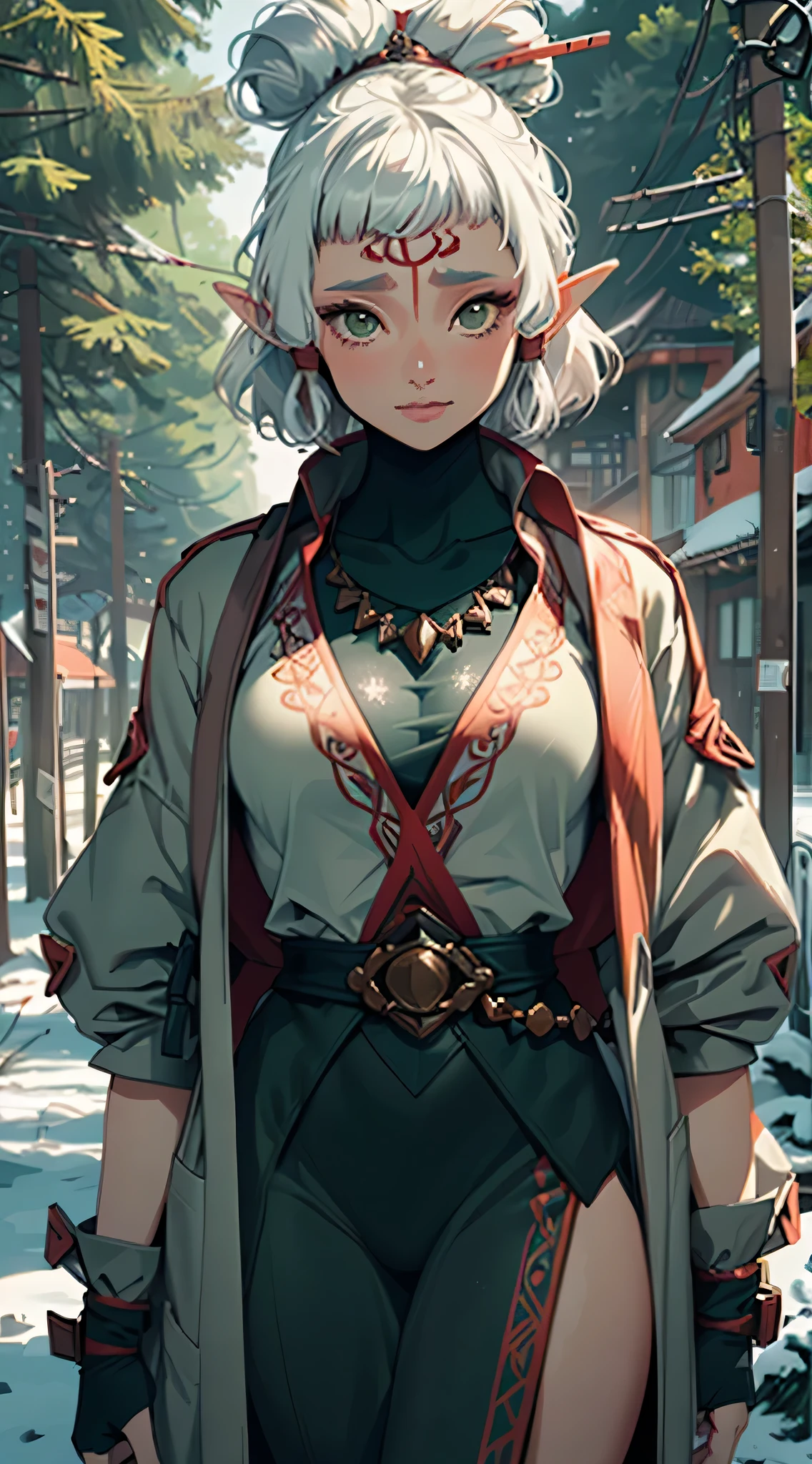paya, cute elf,((anime elf with extremely cute and beautiful brown hair)), (((elf))), (((elf ears))),((((white hair:1.35,short brown hair,boy haircut,tny short haircut,colored inner hair,ear breathing)))),(((green_eyes:1.3))),intricate eyes,beautiful detailed eyes,symmetrical eyes,big eyes:1.5,(((lustrous skin:1.5,bright skin: 1.5,skin tanned,shiny skin,very shiny skin,shiny body,plastic glitter skin,exaggerated shiny skin,illuminated skin))),(detailed body,(detailed face)), cute,slutty,erotic,daring,((nsfw)), (((medieval man clothes,adventurer man clothing,winter coat,unbuttoned shirt))),(((intricate outfit,intricate clothes,embroidered outfit,ornate outfit,embroidered clothes,ornate clothes))), (dynamic pose:1.0),happy,smile,(centered,scale to fit dimensions,Rule of thirds), ((snowy pine forest at night)), with dark stormy clouds,winter,scenery:1.25,((snow forest background)),Christmas tree, highres,sharp focus,(ultra detailed,extremely detailed),(photorealistic artwork:1.37),(extremely detailed CG unity 8k wallpaper),(((vibrant colors,vibrant theme))),(intricate),(masterpiece),(best quality),