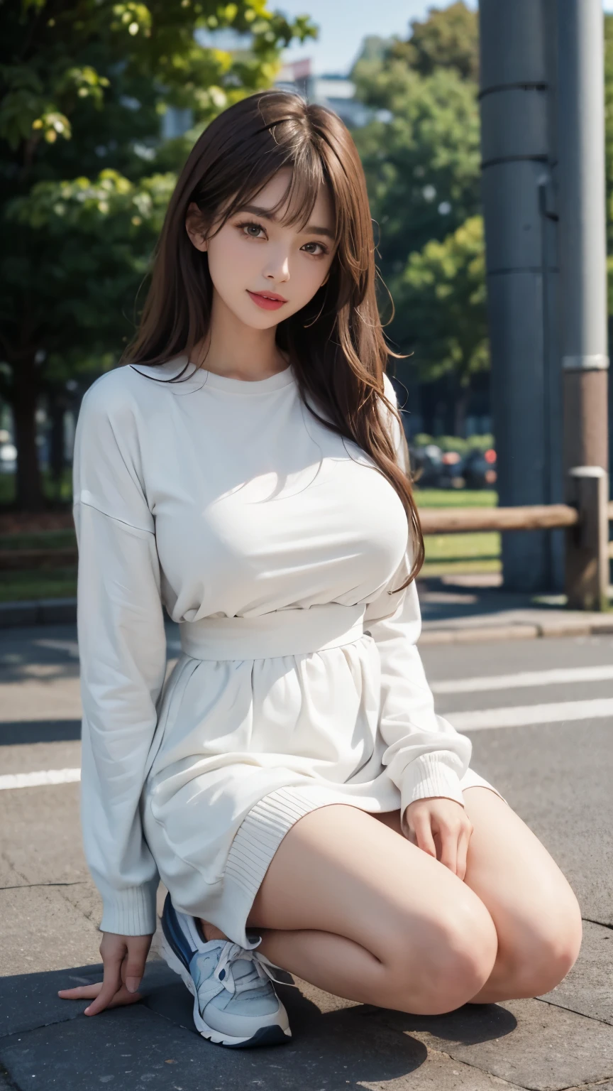 A girl, kneeling on the park in Tokyo with lawn, (full body visible)), away from the audience. She is a beautiful, pretty, young. She is slim, tall, ((huge beautiful breasts)). She grinned. She looks natural, relaxed and unpretentious. Scheming face. Make faces. (sticking out his tongue), telling a secret, hiding a secret, shyness, excitement. She stared at the audience. She wears long-wavy-brown-hair with bangs. She wears long-sleeve white shirt dress and navy sweater, sneakers. Camera focused on her face, light shining on her face, very large aperture, ((f/2.8)), shallow depth of field, strong blur in background lens, ISO 300, auto white balance, extremely detailed, textured skin, soft light, raw photos, Uniqlo fashion models, best quality, masterpiece, award-winning photography, 8k, high resolution, shot on Sony DSLR.