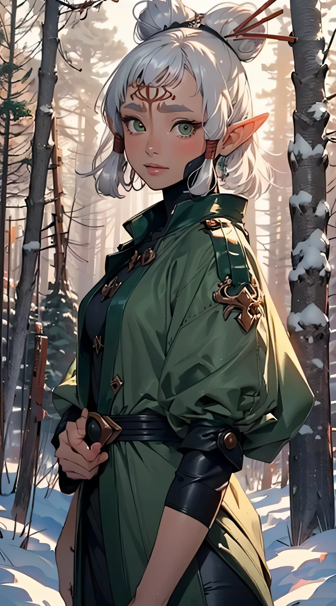 paya, cute elf,((anime elf with extremely cute and beautiful brown hair)), (((elf))), (((elf ears))),((((white hair:1.35,short brown hair,boy haircut,tny short haircut,colored inner hair,ear breathing)))),(((green_eyes:1.3))),intricate eyes,beautiful detailed eyes,symmetrical eyes,big eyes:1.5,(((lustrous skin:1.5,bright skin: 1.5,skin tanned,shiny skin,very shiny skin,shiny body,plastic glitter skin,exaggerated shiny skin,illuminated skin))),(detailed body,(detailed face)), cute,slutty,erotic,daring,((nsfw)), (((medieval man clothes,adventurer man clothing,winter coat,unbuttoned shirt))),(((intricate outfit,intricate clothes,embroidered outfit,ornate outfit,embroidered clothes,ornate clothes))), (dynamic pose:1.0),happy,smile,(centered,scale to fit dimensions,Rule of thirds), ((snowy pine forest at night)), with dark stormy clouds,winter,scenery:1.25,((snow forest background)),Christmas tree, highres,sharp focus,(ultra detailed,extremely detailed),(photorealistic artwork:1.37),(extremely detailed CG unity 8k wallpaper),(((vibrant colors,vibrant theme))),(intricate),(masterpiece),(best quality),