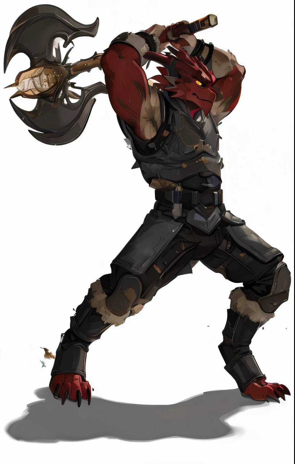 Um draconato vermelho em meio a batalha erguendo, uma grande espada prateada. Ele usa uma armadura de metal e couro, has yellow dragon eyes and two Nordic leather bracelets, he's not wearing boots.