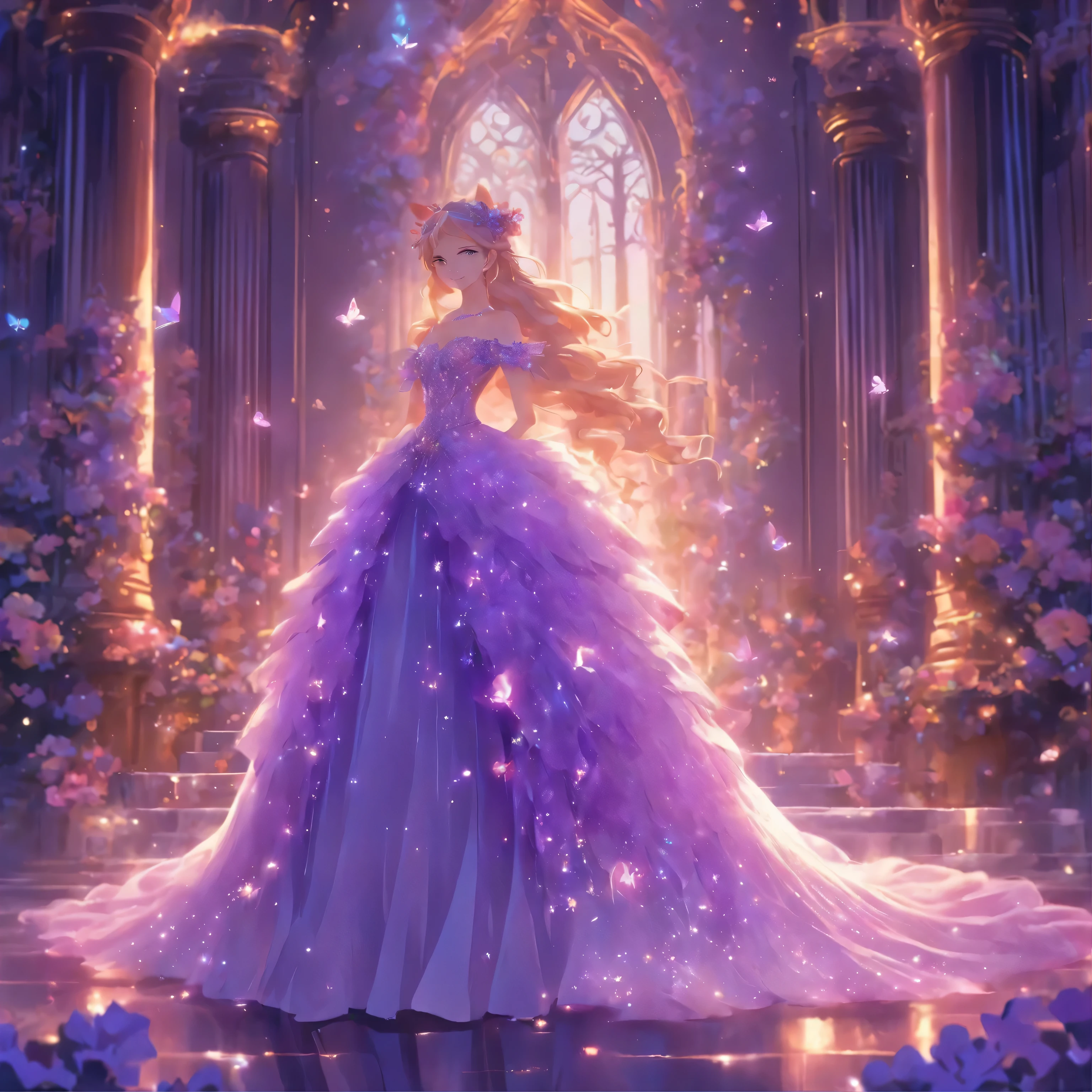 The new purple crystal wedding dress is filled with layered tulle, European style white patterned marble background wall, Fairytale palace style, and oversized skirts. Der Ausschnitt und die Manschetten sind mit durchbrochenen Spitzenelementen und Schmuck verziert, And the skirt is covered with luxurious flowers and butterflies. Fantasie, surreal, hard disk, super detailliert, Realistisch, Hohe Pixel, Oktanwiedergabe, filmische Beleuchtung