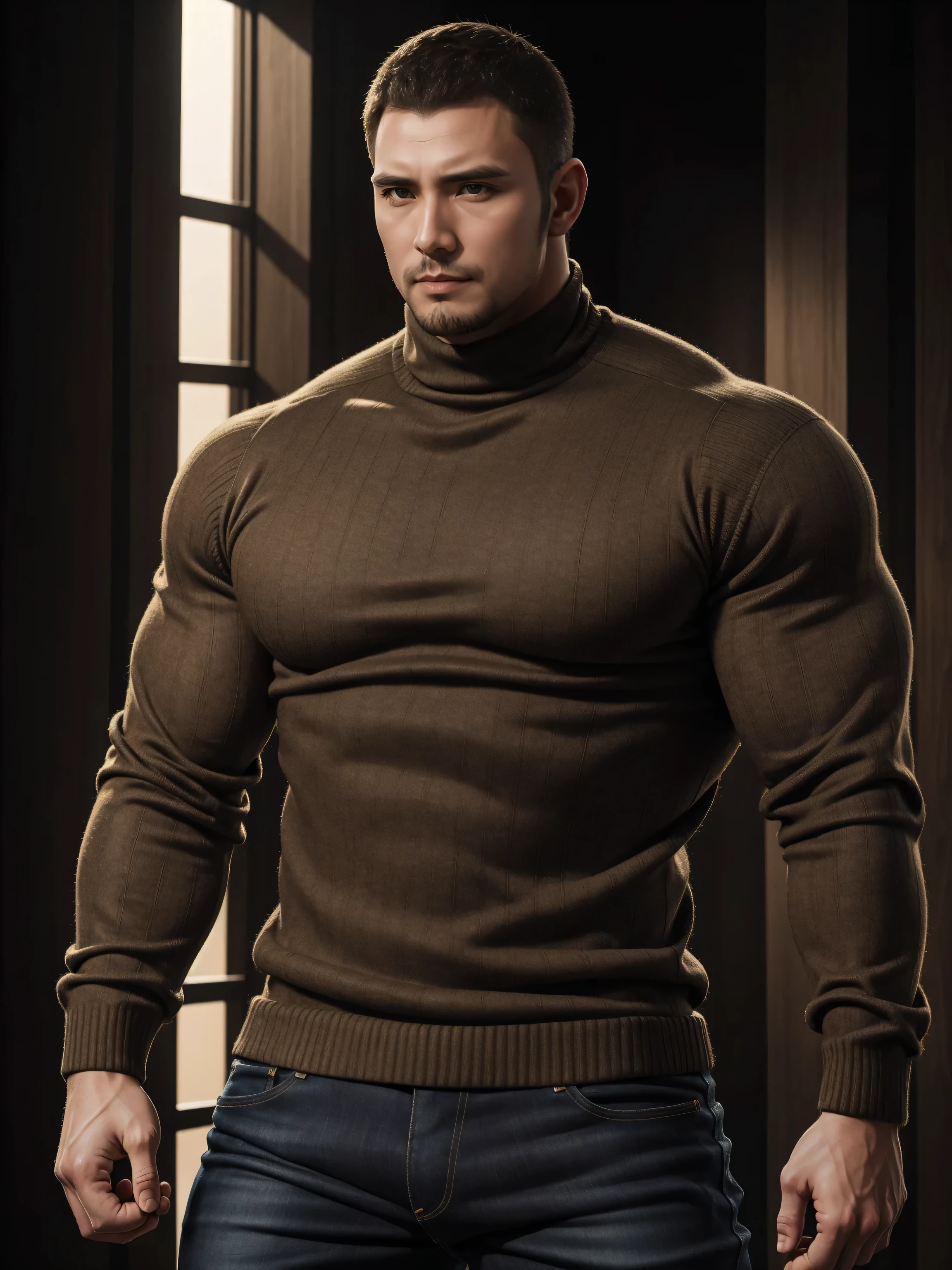 Tall giant muscular 肌肉男,Brown-gray turtleneck long-sleeved sweater,stretch sweater texture,jeans,character concept(Resident Evil - chris redfield,chris redfield)sad expression,Deep and charming eyes,heroic male pose,高大burly,muscular!High, burly, Heqiang, Super gain and cool, high resolution committee,Charming strong man,The bright sunshine is shining on you