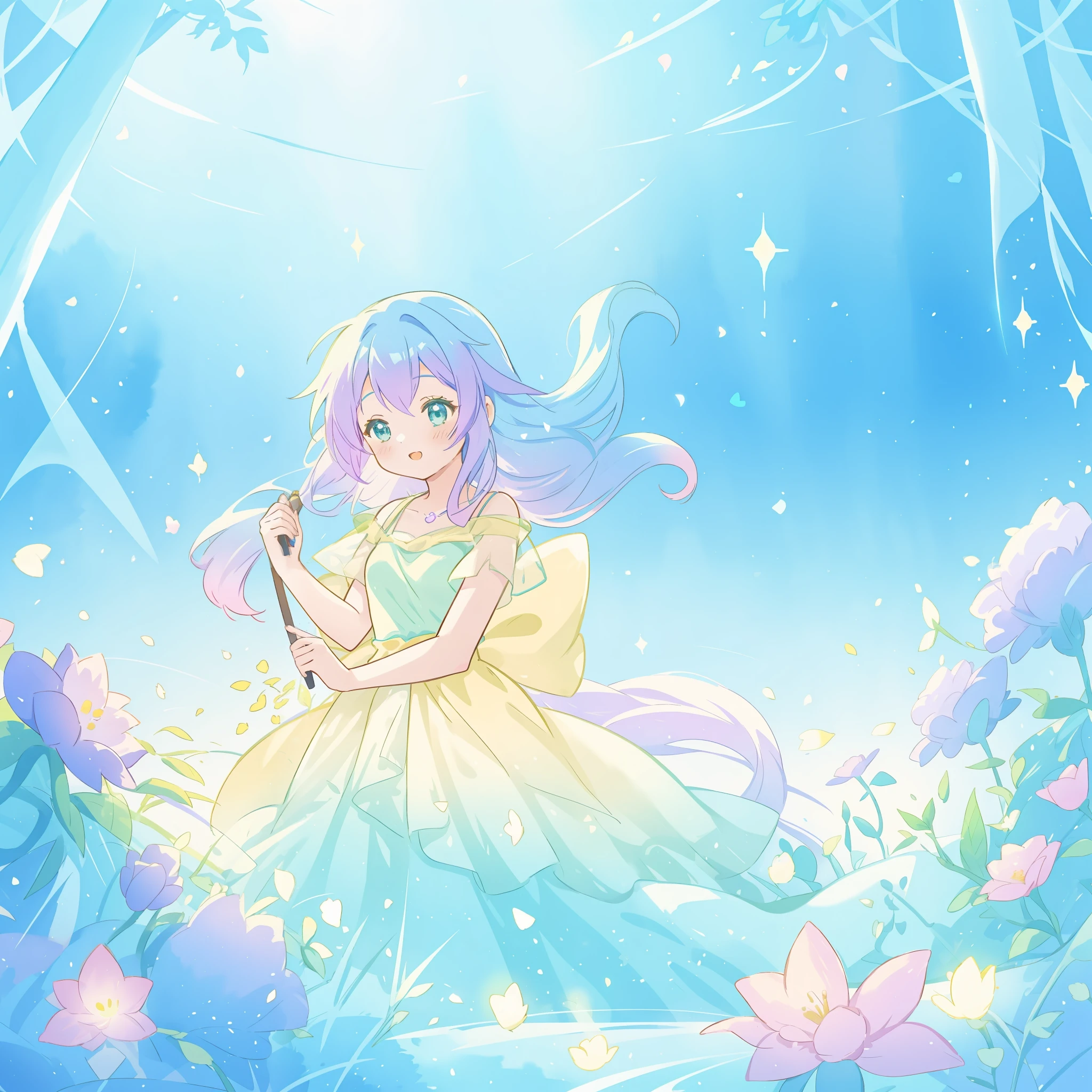 beautiful girl in yellow mint gradient flowing dress, long flowing blue purple hair, colorful fantasia background, watercolor illustration, disney art style, glowing aura around her, glowing lights, beautiful digital illustration, fantasia otherworldly landscape plants flowers, beautiful, masterpiece, best quality, anime disney style