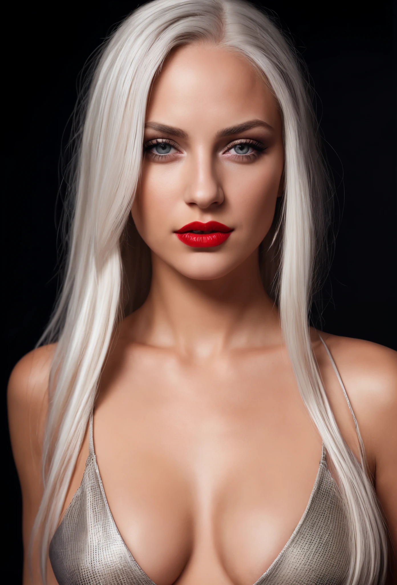 1girl,black background,grey eyes,lips,long platinum blonde hair,looking at viewer, tan skin,portrait,realistic,red lips,Raw photo,8k,realistic skin details,realistic hair details,perfect skin,8k uhd,dslr,high quality, cleavage, 
