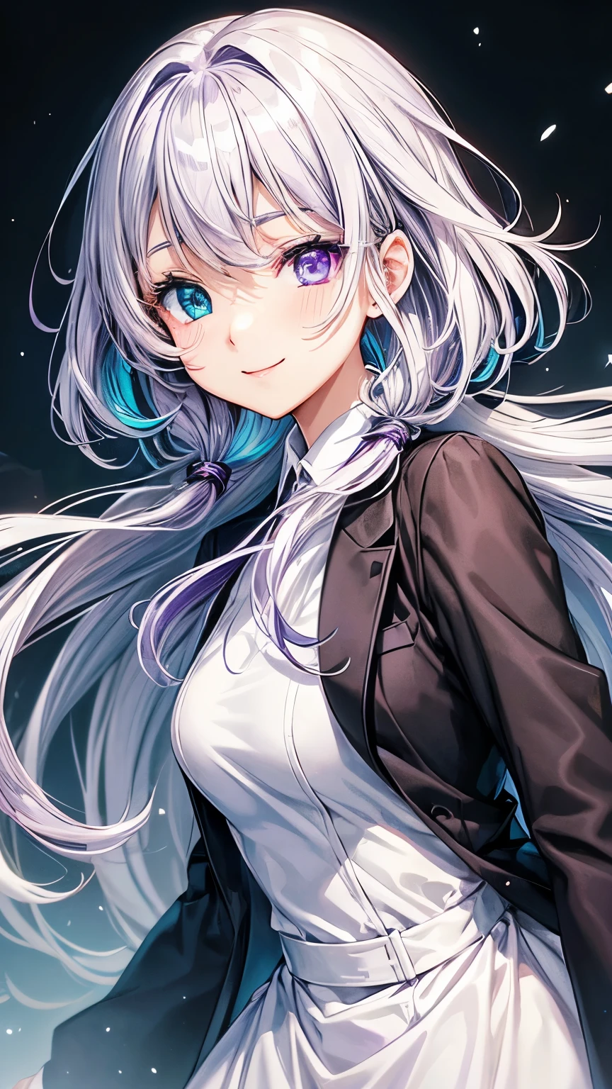 20 years old Japanese active girl ((very small breast , very slender)),smooth curly hair ((pale blonde, middle shoulder length hair )),((asymmetrical much shaggy long forelock)),BREAK, business ((black long sleeves jacket, white dress shirt, black dress pants )), black overcoat, looks tidy and enjoyable smile ,BREAK, big droopy eyes (( shiny pale purple eye, shiny blue eye, heterochromia:1.4)), eyelashes, blush , BREAK, cheerful and eloquent atmosphere,((face focus:1.3)), looking back pose, formal scene