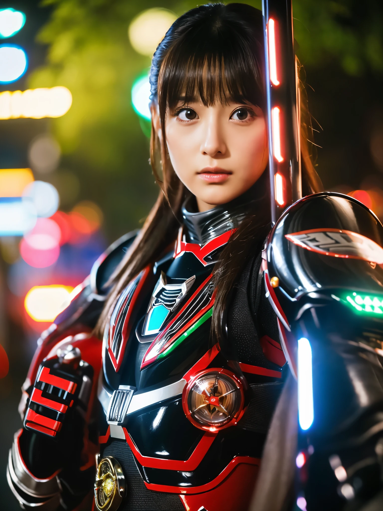 8k,超A high resolution,highest quality、masterpiece、Ultra - High resolution、(It looks real in the photo:1.4)、(1 girl)、Kamen Rider、special effects、Popular dramas of Japan、Japan actress transformed into Kamen Rider in the 1970s、radio man、tackle、