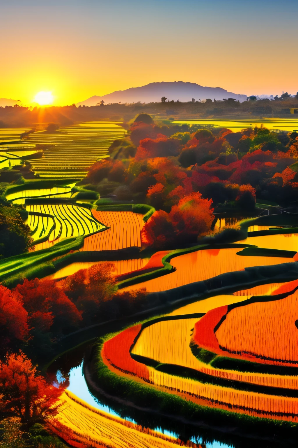 best quality, rice fields, autumn, harvest time, dragonfly, sunset, waterway
