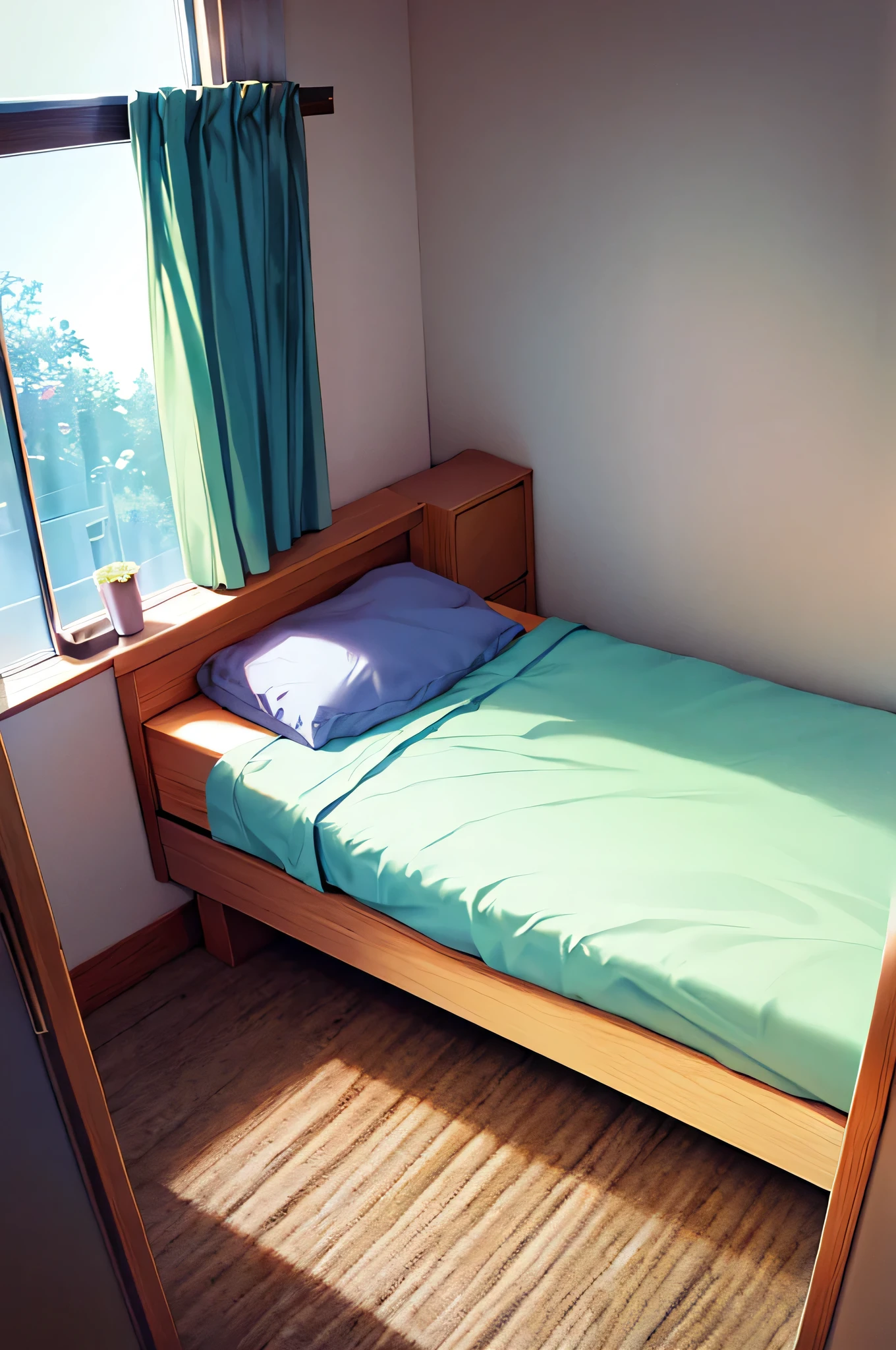 quarto pequeno, cama de solteiro, janela, 2D