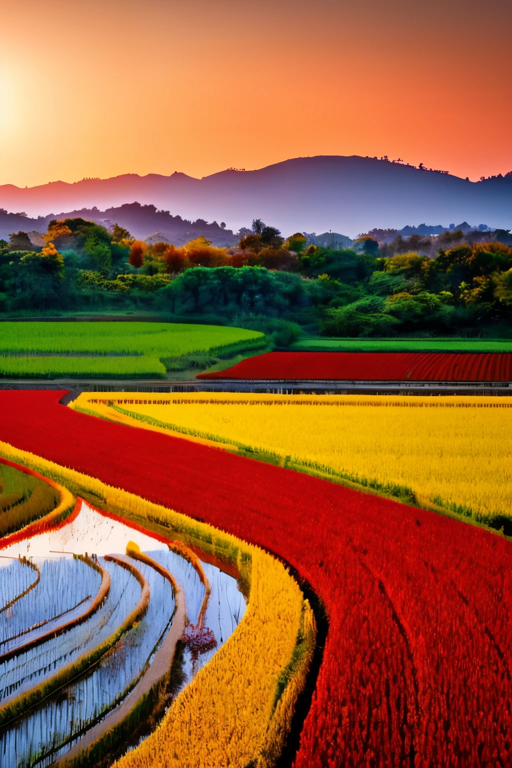 best quality, rice fields, autumn, harvest time, dragonfly, bright red sunset, (waterway:0.7)