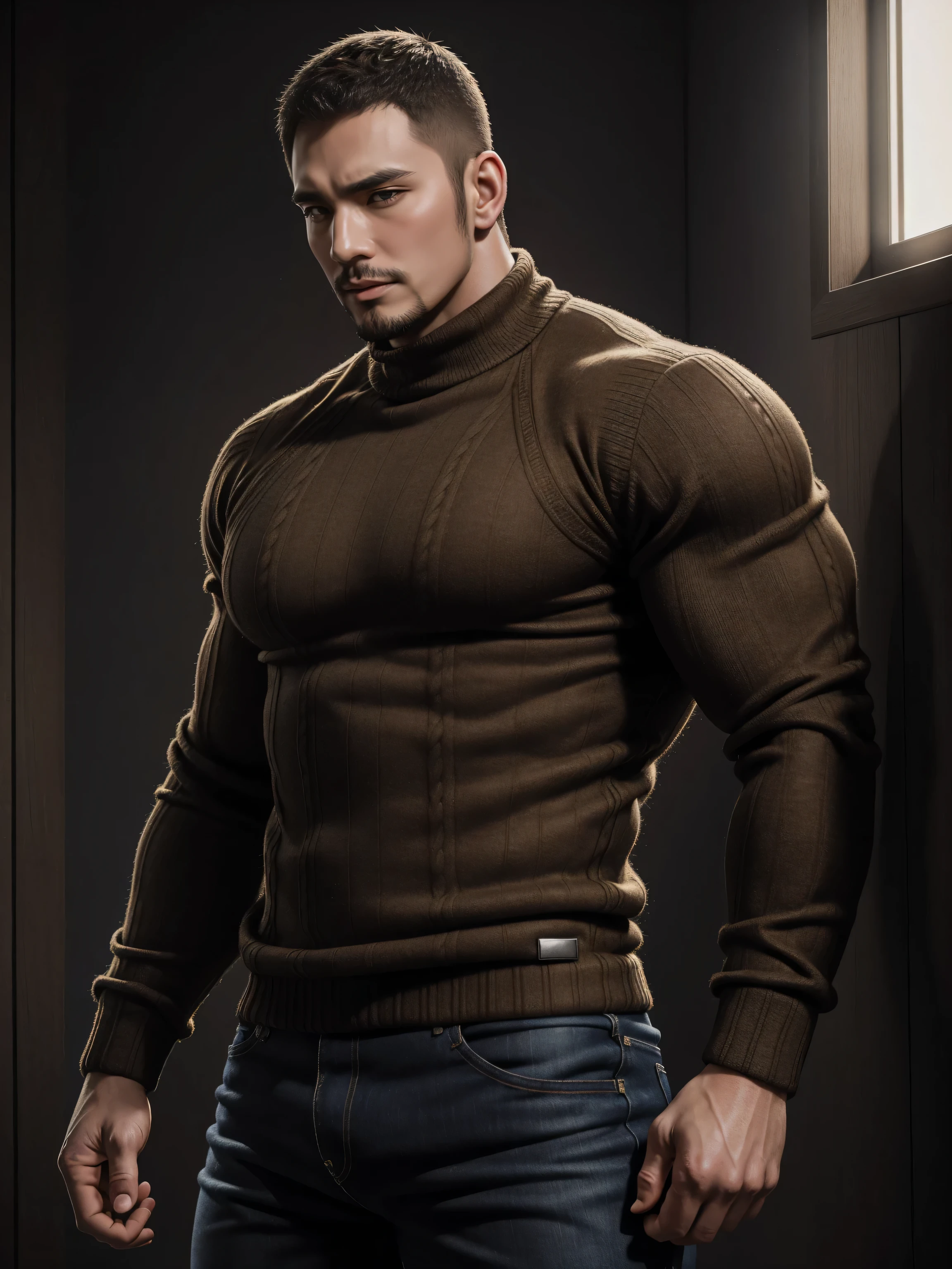 Tall giant muscular 肌肉男,Brown-gray turtleneck long-sleeved sweater,stretch sweater texture,jeans,character concept(Resident Evil - chris redfield,chris redfield)sad expression,Deep and charming eyes,heroic male pose,高大burly,muscular!muscular大腿,High, burly, Heqiang, Super gain and cool, high resolution committee,Charming strong man,The bright sunshine is shining on you