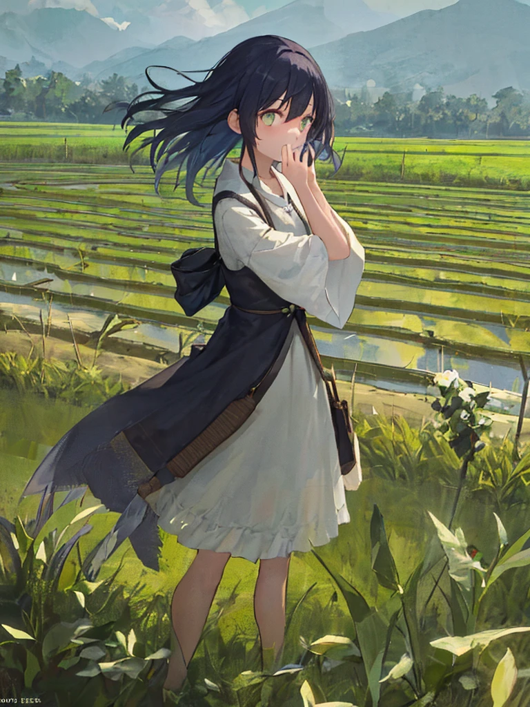 One girl, with long, lush rice paddy green permed hair, stands embarrassed near the edge of a rice paddy field. She wears a simple, cotton sundress, the color of ripe rice grains, clinging to her frame. In one hand, she clutches a foldable fan, fanning herself to hide the blush on her cheeks. With her other hand, she covers her mouth, keeping her secret hidden. Her eyes, a bright shade of amber, dart from side to side, ensuring no one is looking. The sun casts long shadows across the field, and the breeze gently ruffles the girl's hair, blowing strands across her face. She