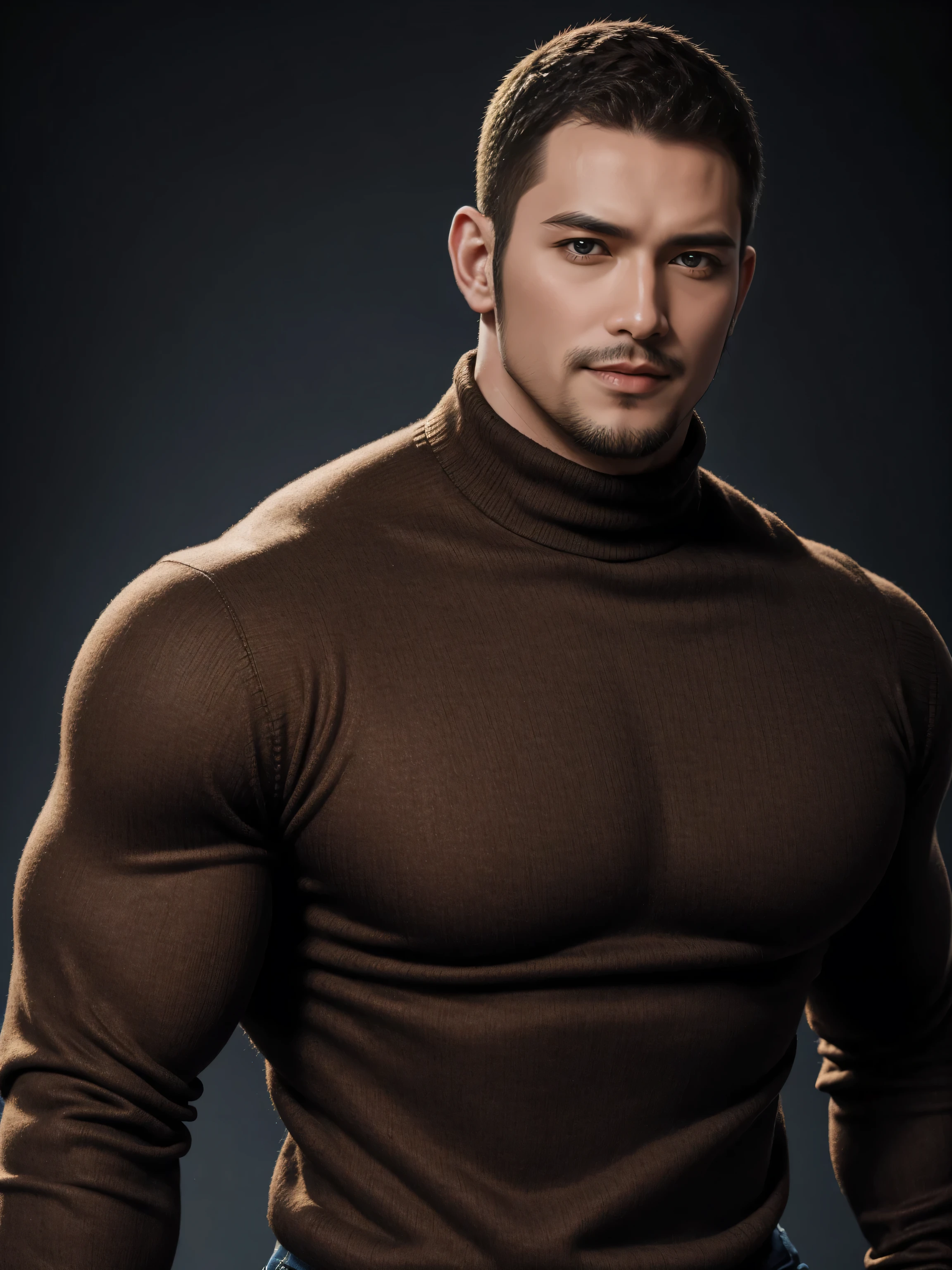 Tall giant muscular 肌肉男，Brown-gray turtleneck long-sleeved sweater，stretch sweater texture，jeans，character concept（Resident Evil - chris redfield，chris redfield）charming smile，Deep and charming eyes，heroic male pose，高大burly，muscular！muscular大腿，High, burly, Heqiang，  Super gain and cool， high resolution committee，Charming strong man，The bright sunshine is shining on you