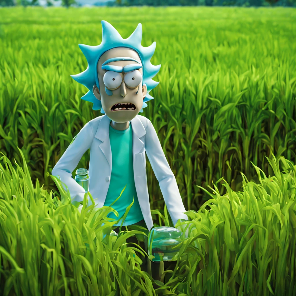 Rick and Morty emerge from an energy portal into a Rice Paddy. Rick, a middle-aged man with messy hair, wears a lab coat and looks bored and drunk. He holds a flask in one hand and takes a shot half-heartedly. Morty, a young boy with messy brown hair, is panicking, with wide-eyed expressions on his face. 

The scene is filled with slimy tentacles, slowly moving towards Rick and Morty from all directions. These tentacles are greenish and covered with gooey slime, adding a sense of danger and suspense to the atmosphere. The Rice Paddy is surrounded by lush green fields, with tall stalks swaying gently in the breeze.

The artwork is created using a digital medium, with a realistic and photorealistic look. The details are extremely intricate, capturing the expressions on Rick and Morty's faces, the texture of the tentacles, and the vibrant green colors of the rice fields. The lighting is vibrant and vivid, illuminating the scene with a surreal glow.

The overall style of the artwork is a mix of sci-fi and horror, with elements of both genres blending seamlessly. The color tone is predominantly green, with hints of blue and purple to create an otherworldly feeling. The lighting casts dramatic shadows, enhancing the mysterious and thrilling atmosphere.

(best quality,4k,8k,highres,masterpiece:1.2),ultra-detailed,(realistic,photorealistic,photo-realistic:1.37), HDR, UHD, studio lighting, ultra-fine painting, sharp focus, physically-based rendering, extreme detail description, professional, vivid colors, bokeh, portraits, sci-fi, horror.