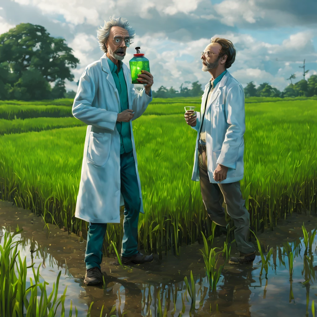 Rick and Morty emerge from an energy portal into a Rice Paddy. Rick, a middle-aged man with messy hair, wears a lab coat and looks bored and drunk. He holds a flask in one hand and takes a shot half-heartedly. Morty, a young boy with messy brown hair, is panicking, with wide-eyed expressions on his face.
The scene is filled with slimy tentacles, slowly moving towards Rick and Morty from all directions. These tentacles are greenish and covered with gooey slime, adding a sense of danger and suspense to the atmosphere. The Rice Paddy is surrounded by lush green fields, with tall stalks swaying gently in the breeze.
The artwork is created using a digital medium, with a realistic and photorealistic look. The details are extremely intricate, capturing the expressions on Rick and Morty's faces, the texture of the tentacles, and the vibrant green colors of the rice fields. The lighting is vibrant and vivid, illuminating the scene with a surreal glow.
The overall style of the artwork is a mix of sci-fi and horror, with elements of both genres blending seamlessly. The color tone is predominantly green, with hints of blue and purple to create an otherworldly feeling. The lighting casts dramatic shadows, enhancing the mysterious and thrilling atmosphere.
(best quality,4k,8k,highres,masterpiece:1.2),ultra-detailed,(realistic,photorealistic,photo-realistic:1.37), HDR, UHD, studio lighting, ultra-fine painting, sharp focus, physically-based rendering, extreme detail description, professional, vivid colors, bokeh, portraits, sci-fi, horror.