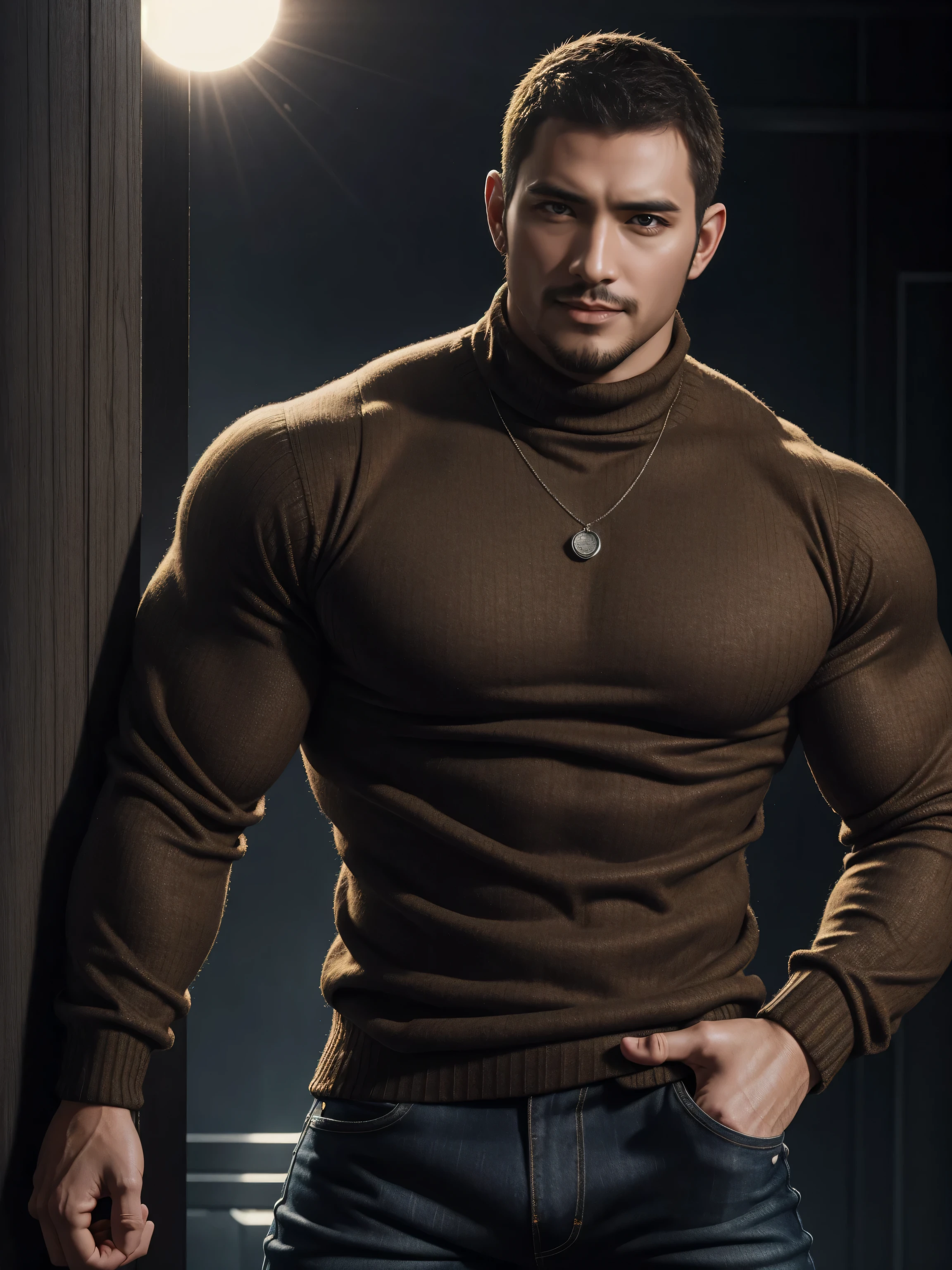Tall giant muscular 肌肉男，Brown-gray turtleneck long-sleeved sweater，stretch sweater texture，jeans，character concept（Resident Evil - chris redfield，chris redfield）charming smile，Deep and charming eyes，heroic male pose，高大burly，muscular！muscular大腿，High, burly, Heqiang，  Super gain and cool， high resolution committee，Charming strong man，The bright sunshine is shining on you