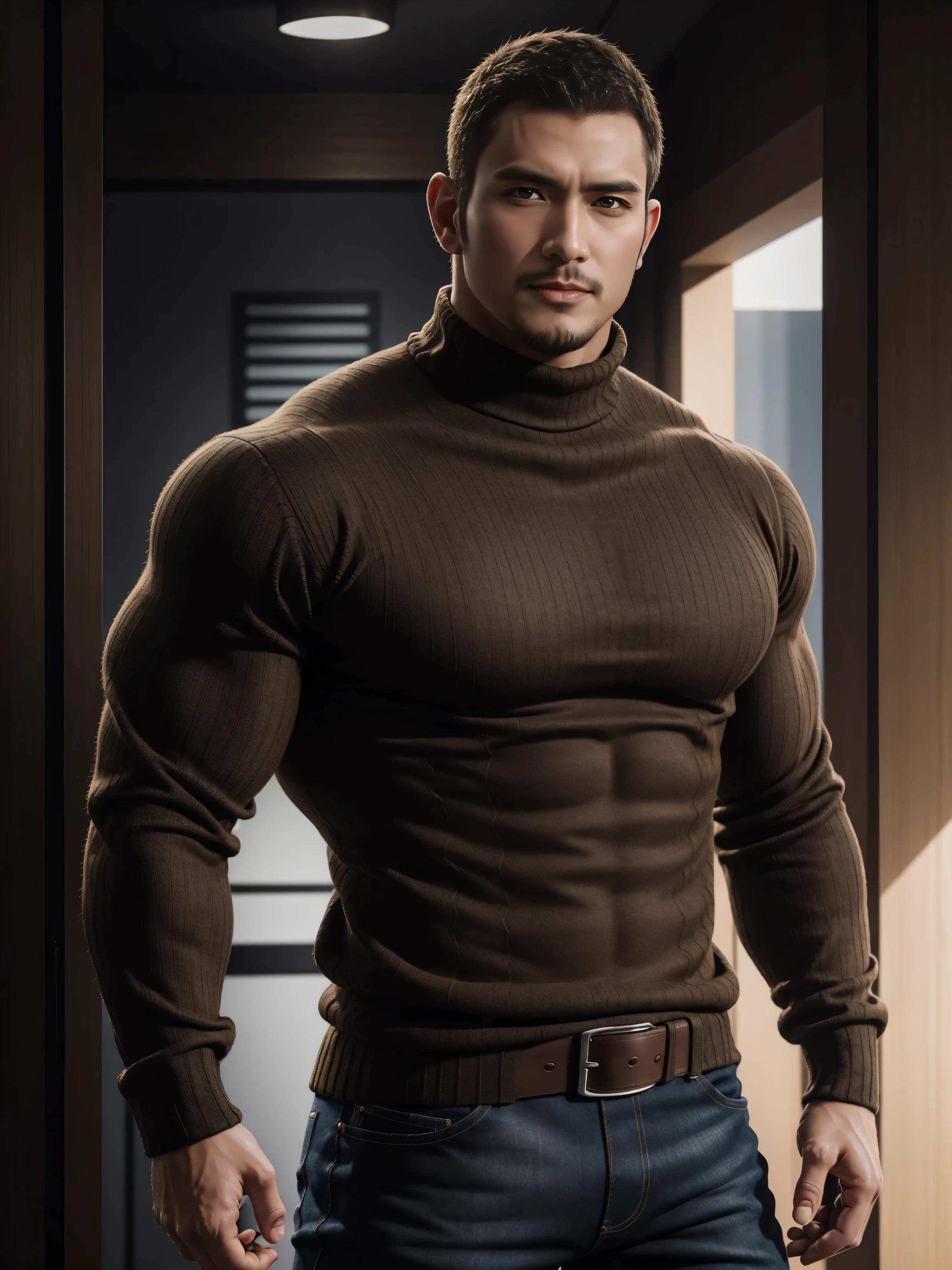 Tall giant muscular 肌肉男，Brown-gray turtleneck long-sleeved sweater，stretch sweater texture，jeans，character concept（Resident Evil - chris redfield，chris redfield）charming smile，Deep and charming eyes，heroic male pose，高大burly，muscular！muscular大腿，High, burly, Heqiang，  Super gain and cool， high resolution committee，Charming strong man，The bright sunshine is shining on you