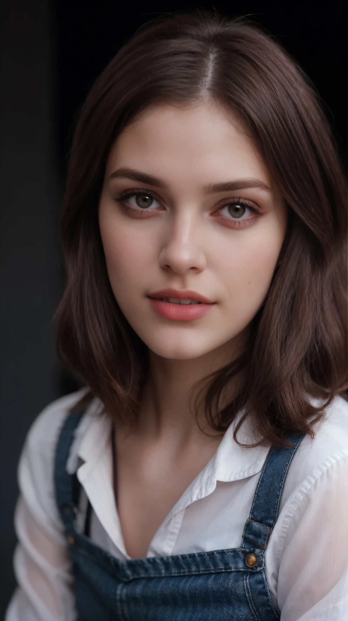 Boycut brown shining hair, (RAW photo), (realism: 1.8), (gloss red lipstick, many eyelashes, dark black eye shadow, shy, blushing, high quality, high resolution, depth of field, chromatic aberration, caustic, wide light, dark pink fair glossy skin, (21 year old woman), stylish college girl, white shirt-blue jeans, lots of exposure, pose, visible 8k resolutions,