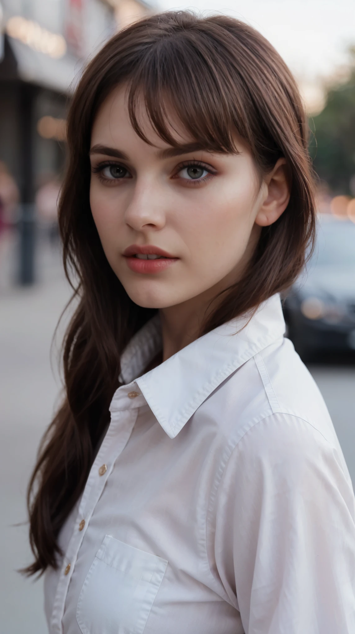 Boycut brown shining hair, (RAW photo), (realism: 1.8), (gloss red lipstick, many eyelashes, dark black eye shadow, shy, blushing, high quality, high resolution, depth of field, chromatic aberration, caustic, wide light, dark pink fair glossy skin, (21 year old woman), stylish college girl, white shirt-blue jeans, lots of exposure, pose, visible 8k resolutions,
