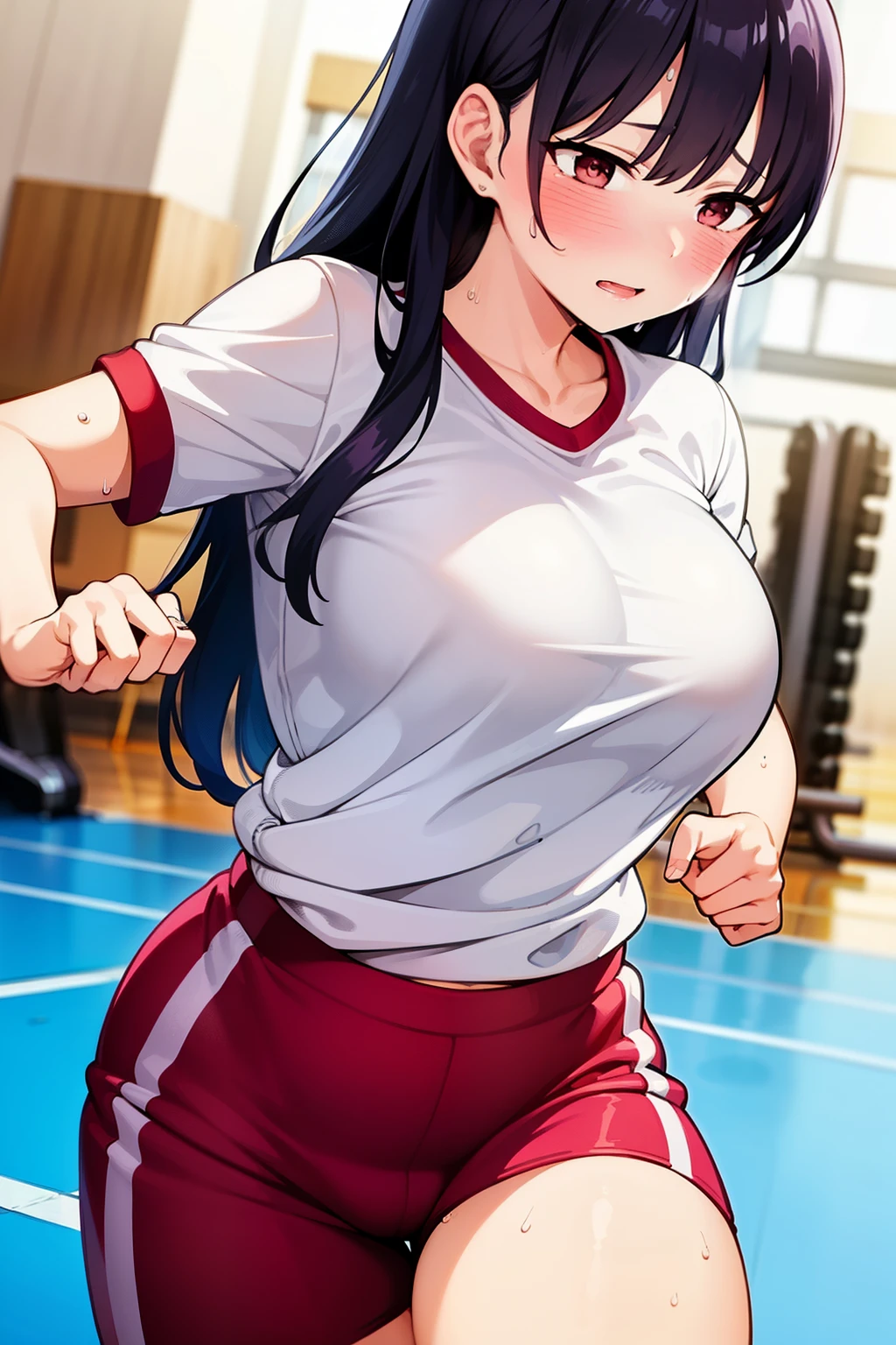 ((Woman running in gym clothes)), sweaty face, red tight skirt, white shirt, red tie, 26 year old older sister, detailed design of panties, pain, blush,