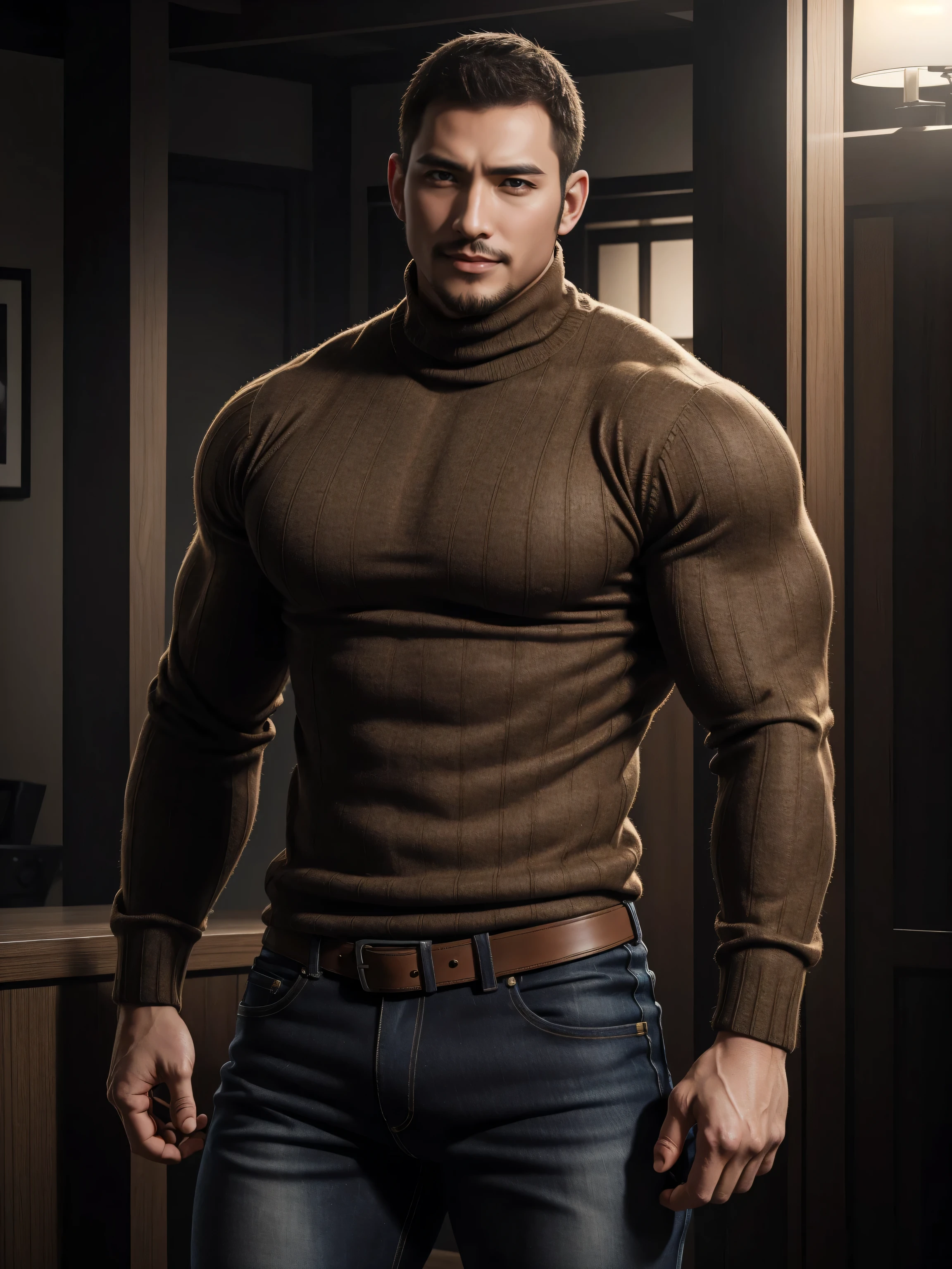 Muscular security guard with open mouth,full body, Chris Redfield,He wears a long-sleeved turtleneck sweater,He had sad eyes in his eyes,Grievanced frown,Emerald charming eyes,Tall and burly,musculous!Tall, Burly and strong, Extremely detailed depiction of facequisite facial features,super gain and cool, commission for high resolution, Attractive strong men,Luxurious warmth in burgundy tones,He was in the luxurious living room