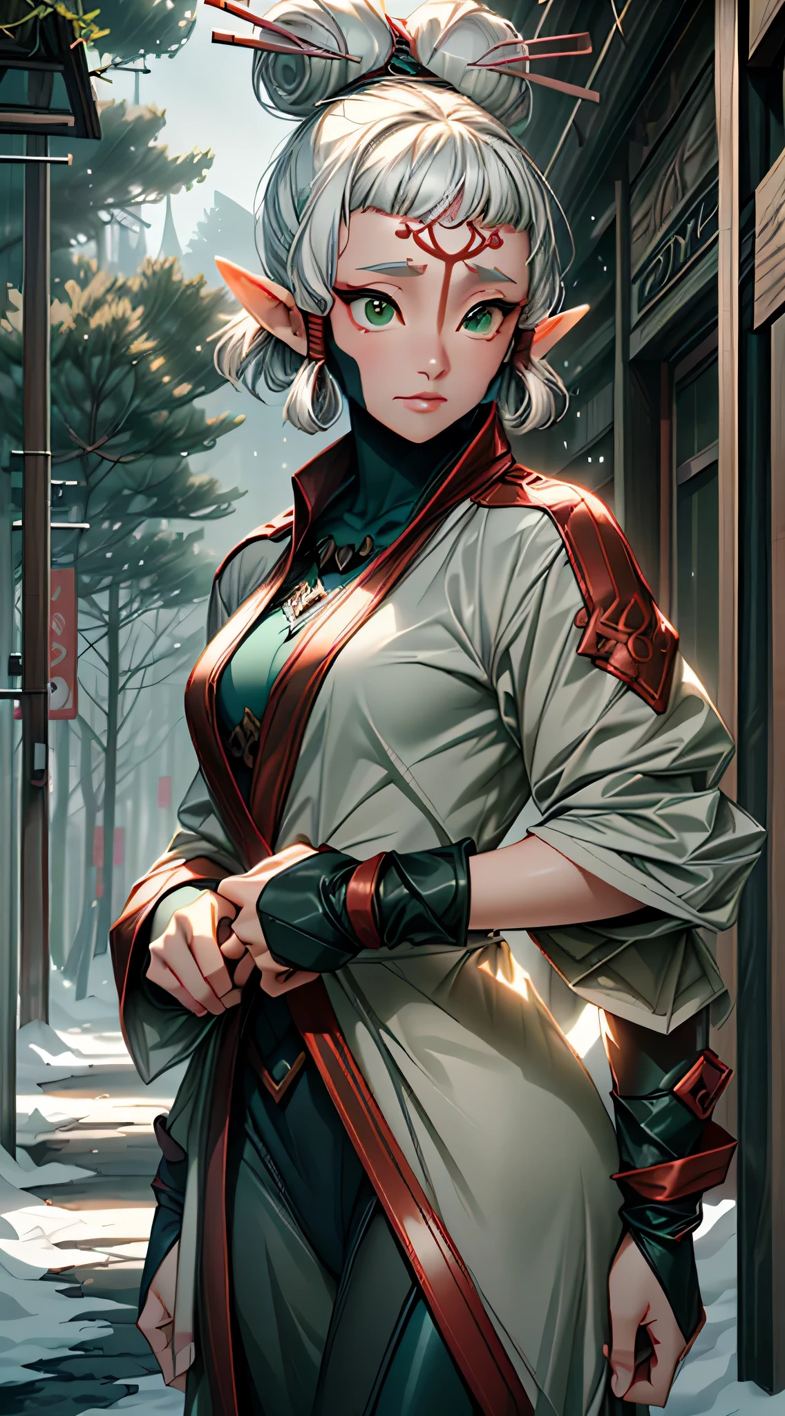paya, cute elf,((anime elf with extremely cute and beautiful brown hair)), (((elf))), (((elf ears))),((((white hair:1.35,short brown hair,boy haircut,tny short haircut,colored inner hair,ear breathing)))),(((green_eyes:1.3))),intricate eyes,beautiful detailed eyes,symmetrical eyes,big eyes:1.5,(((lustrous skin:1.5,bright skin: 1.5,skin tanned,shiny skin,very shiny skin,shiny body,plastic glitter skin,exaggerated shiny skin,illuminated skin))),(detailed body,(detailed face)), cute,slutty,erotic,daring,((nsfw)), (((medieval man clothes,adventurer man clothing,winter coat,unbuttoned shirt))),(((intricate outfit,intricate clothes,embroidered outfit,ornate outfit,embroidered clothes,ornate clothes))), (dynamic pose:1.0),happy,smile,(centered,scale to fit dimensions,Rule of thirds), ((snowy pine forest at night)), with dark stormy clouds,winter,scenery:1.25,((snow forest background)),Christmas tree, highres,sharp focus,(ultra detailed,extremely detailed),(photorealistic artwork:1.37),(extremely detailed CG unity 8k wallpaper),(((vibrant colors,vibrant theme))),(intricate),(masterpiece),(best quality),