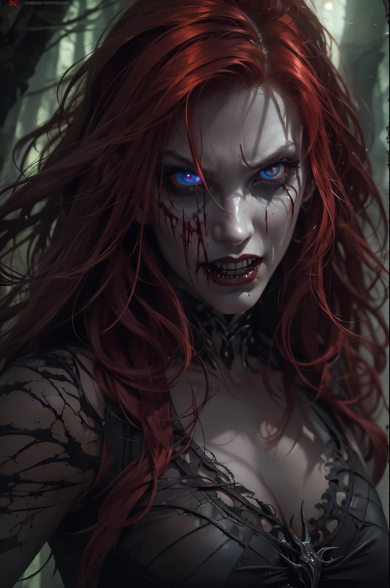 young adult woman,redhead,red hair,dark green eyes,venom,marvel,demon,half elf,scary,gory,(best quality,4k,8k,highres,masterpiece:1.2),ultra-detailed,(realistic,photorealistic,photo-realistic:1.37),fantasy,black and white,dark shadows,sharp contrasts,eerie lighting,evil smile,pale skin,fanged teeth,blood dripping,fierce expression,menacing figure,mystical atmosphere,haunting presence,mysterious background,enchanting forest,twilight setting,ominous glow,spiky black costume,sharp claws,horror aesthetic,gloomy ambiance,fire and smoke,lurking in the shadows,mesmerizing gaze,nightmare-inducing,creepy vibes,terrifying presence,alluring yet dangerous,vivid colors