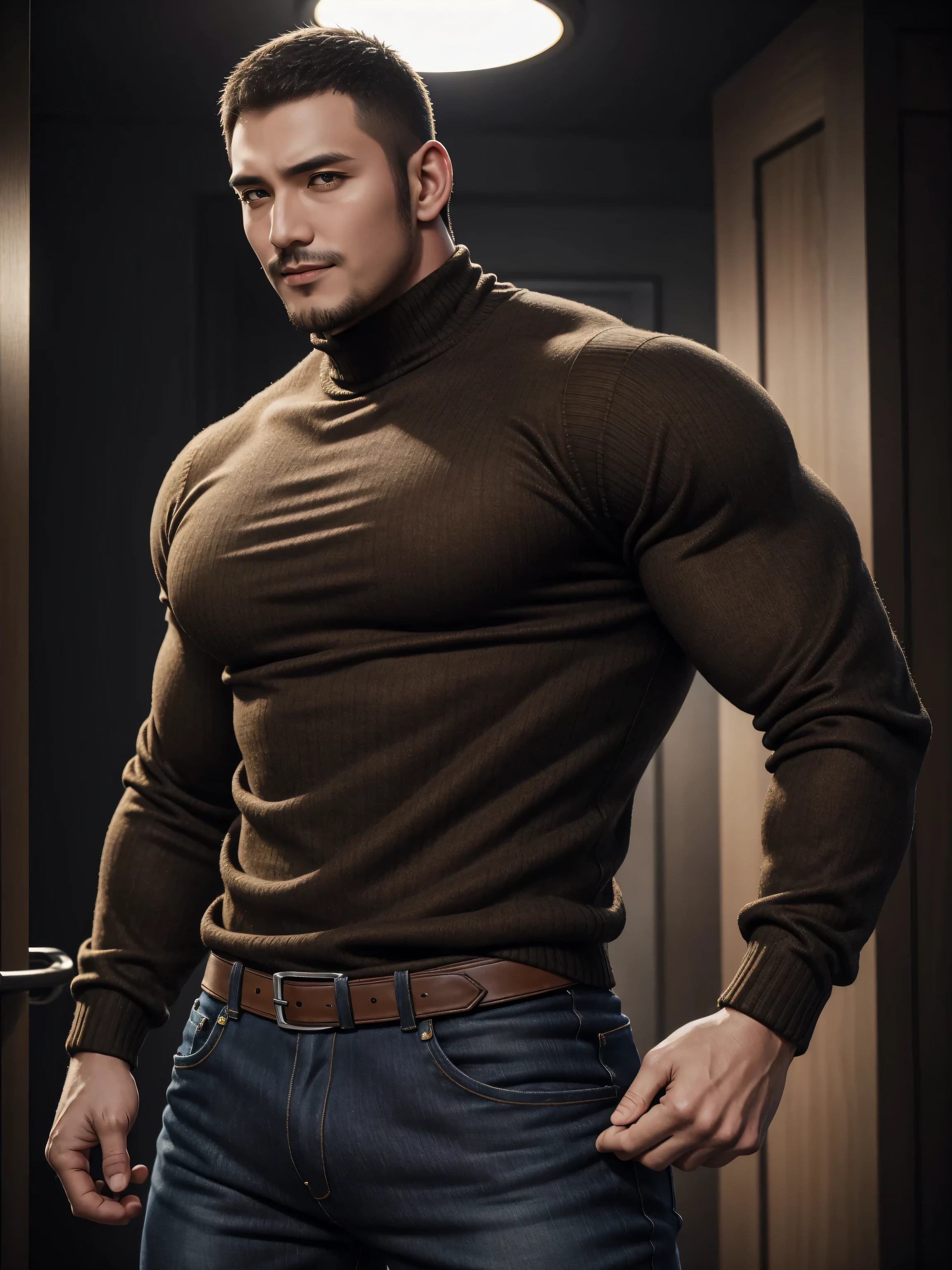 Tall giant muscular 肌肉男,Brown-gray turtleneck long-sleeved sweater,stretch sweater texture,jeans,character concept(Resident Evil - chris redfield,chris redfield)Smile is warm and charming,Deep and charming eyes,heroic male pose,高大burly,muscular!muscular大腿,High, burly, Heqiang, Super gain and cool, high resolution committee,Charming strong man,The bright sunshine is shining on you