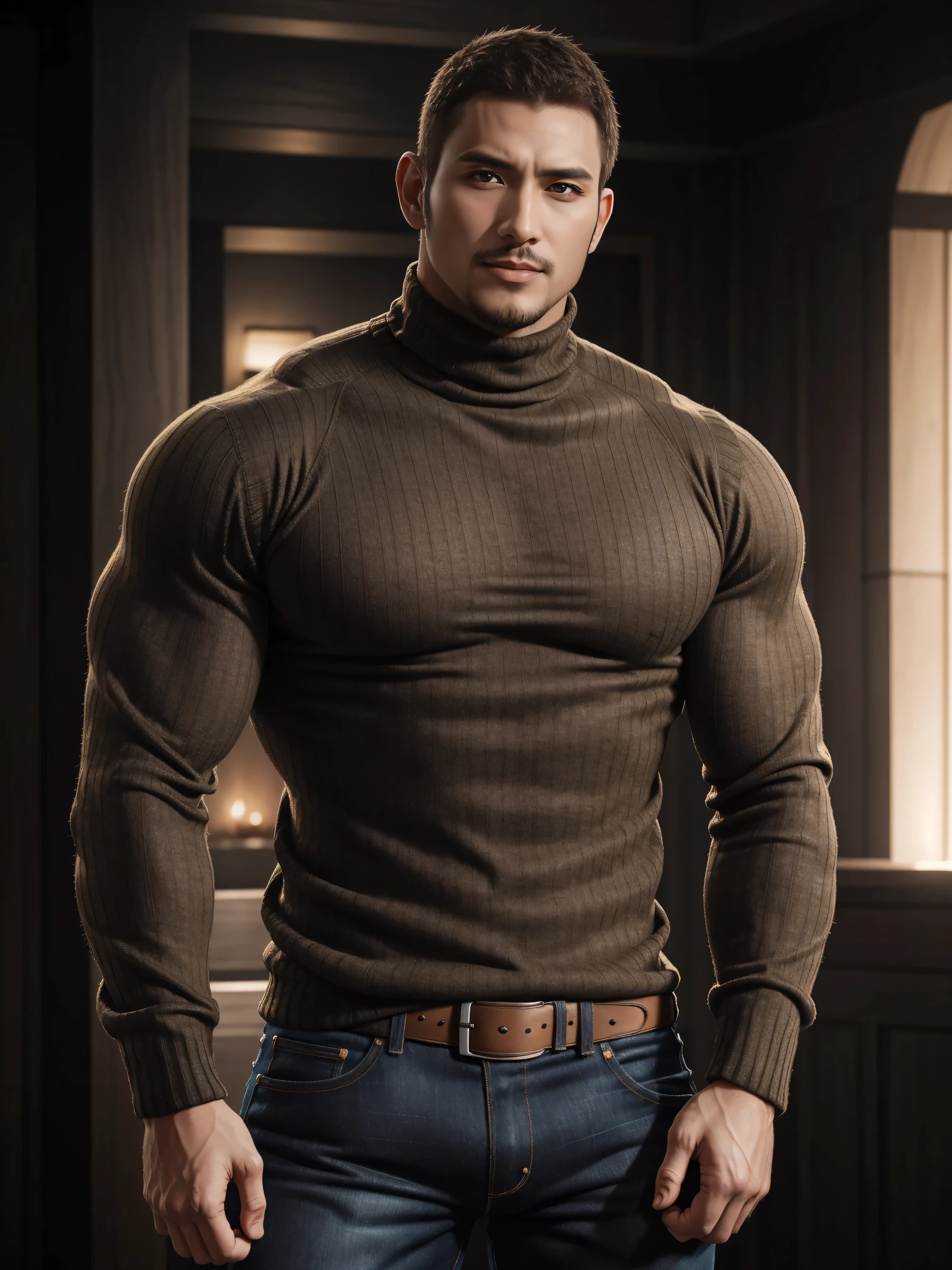 Tall giant muscular 肌肉男，Brown-gray turtleneck long-sleeved sweater，stretch sweater texture，jeans，character concept（Resident Evil - chris redfield，chris redfield）Smile is warm and charming，Deep and charming eyes，heroic male pose，高大burly，muscular！muscular大腿，High, burly, Heqiang，  Super gain and cool， high resolution committee，Charming strong man，The bright sunshine is shining on you