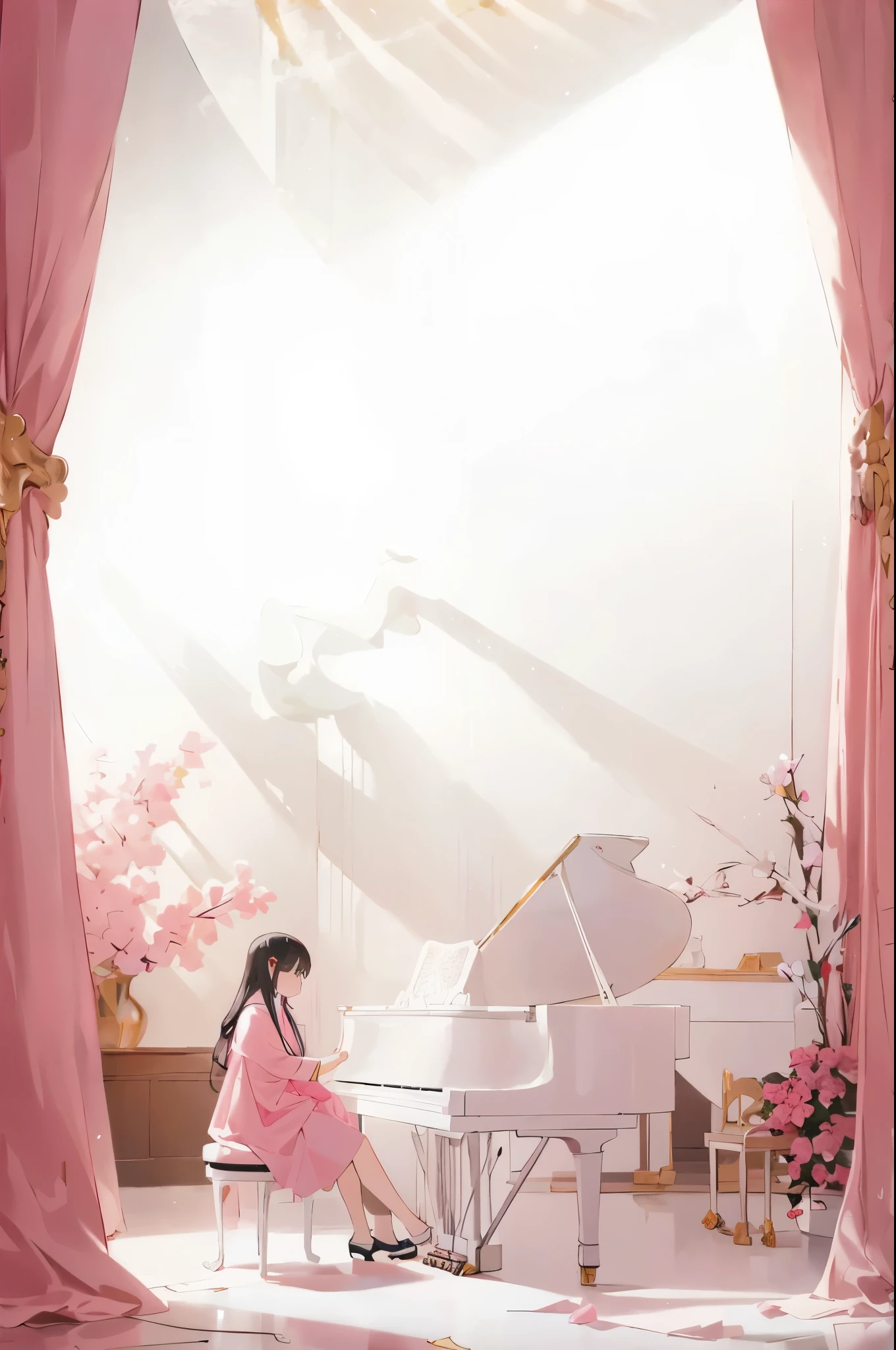 araffe sitting at a white piano in a pink room, piano家, playing piano, piano, korean artist, grand piano, in white room, piano in the background, full piano, only, musician, Award-winning works, in a room, With natural light as background, Tiffany, pink room brightly lit, promotional art, pianos, ,Publicity photo