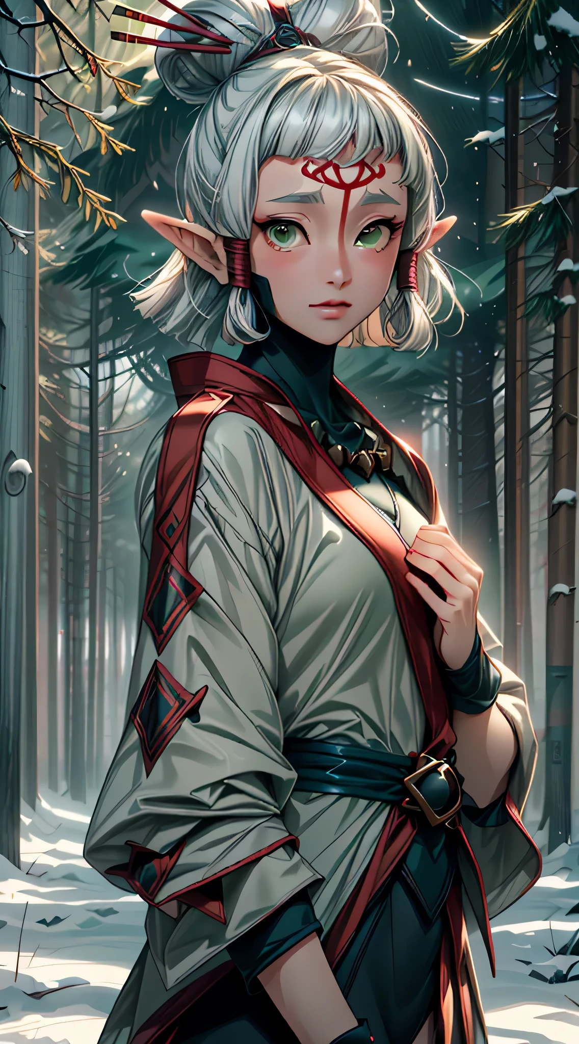 paya, cute elf,((anime elf with extremely cute and beautiful brown hair)), (((elf))), (((elf ears))),((((white hair:1.35,short brown hair,boy haircut,tny short haircut,colored inner hair,ear breathing)))),(((green_eyes:1.3))),intricate eyes,beautiful detailed eyes,symmetrical eyes,big eyes:1.5,(((lustrous skin:1.5,bright skin: 1.5,skin tanned,shiny skin,very shiny skin,shiny body,plastic glitter skin,exaggerated shiny skin,illuminated skin))),(detailed body,(detailed face)), cute,slutty,erotic,daring,((nsfw)), (((medieval man clothes,adventurer man clothing,winter coat,unbuttoned shirt))),(((intricate outfit,intricate clothes,embroidered outfit,ornate outfit,embroidered clothes,ornate clothes))), (dynamic pose:1.0),happy,smile,(centered,scale to fit dimensions,Rule of thirds), ((snowy pine forest at night)), with dark stormy clouds,winter,scenery:1.25,((snow forest background)),Christmas tree, highres,sharp focus,(ultra detailed,extremely detailed),(photorealistic artwork:1.37),(extremely detailed CG unity 8k wallpaper),(((vibrant colors,vibrant theme))),(intricate),(masterpiece),(best quality),
