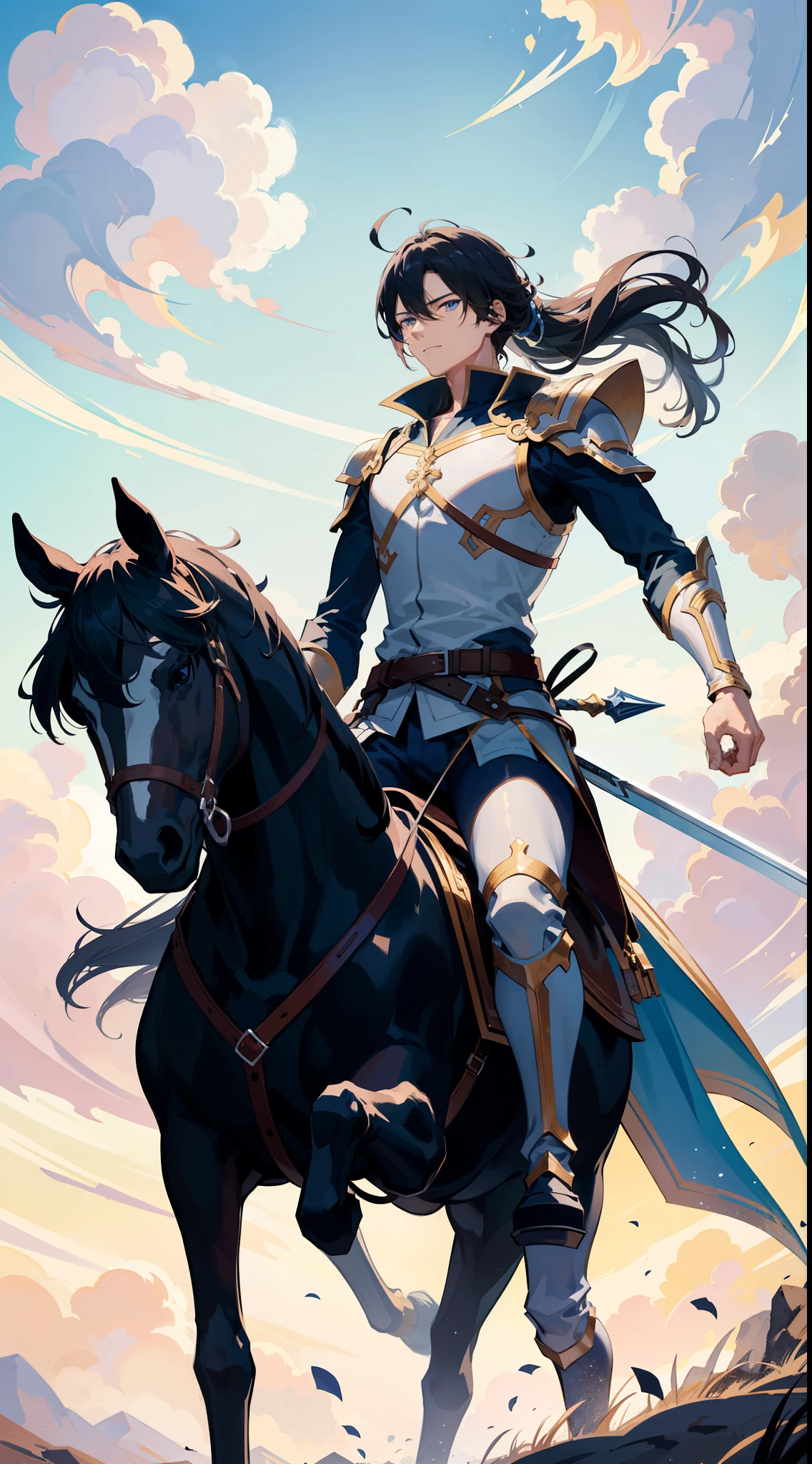 painting of a man riding a horse with a sword and a person walking down a path, abasterpiece)), ((best quality)), ultra detailed,((illustration)), dynamic angle, detailed light, (delicate eyes), (ahoge:0.8),apathy, ray,frontage,style of anime4 k, 4k anime wallpaper, badass anime 8 k, 4 k comic wallpaper, anime wallpapers 4 k