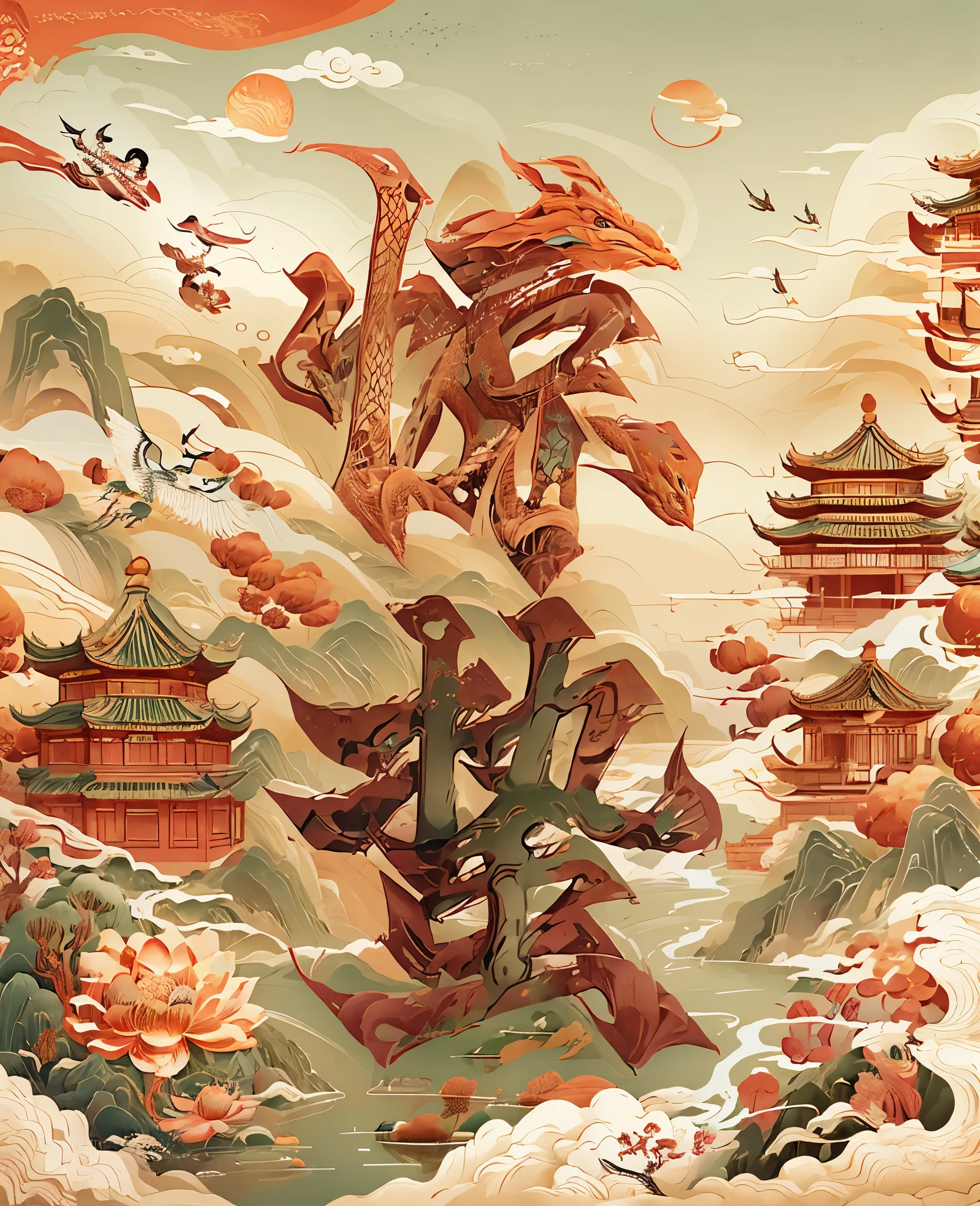 There was a dragon and a fish in the water at the door, 有鱼的underwater temple, A beautiful artistic illustration, Full color illustration, Chinese fantasy, Jellyfish Phoenix Dragon, Chinese dragon concept art, Chinese dragon的战斗, Chinese mythology, Undersea Temple, underwater temple, Full color digital illustration, golden dragon, Chinese dragon, 青色Chinese dragon幻想