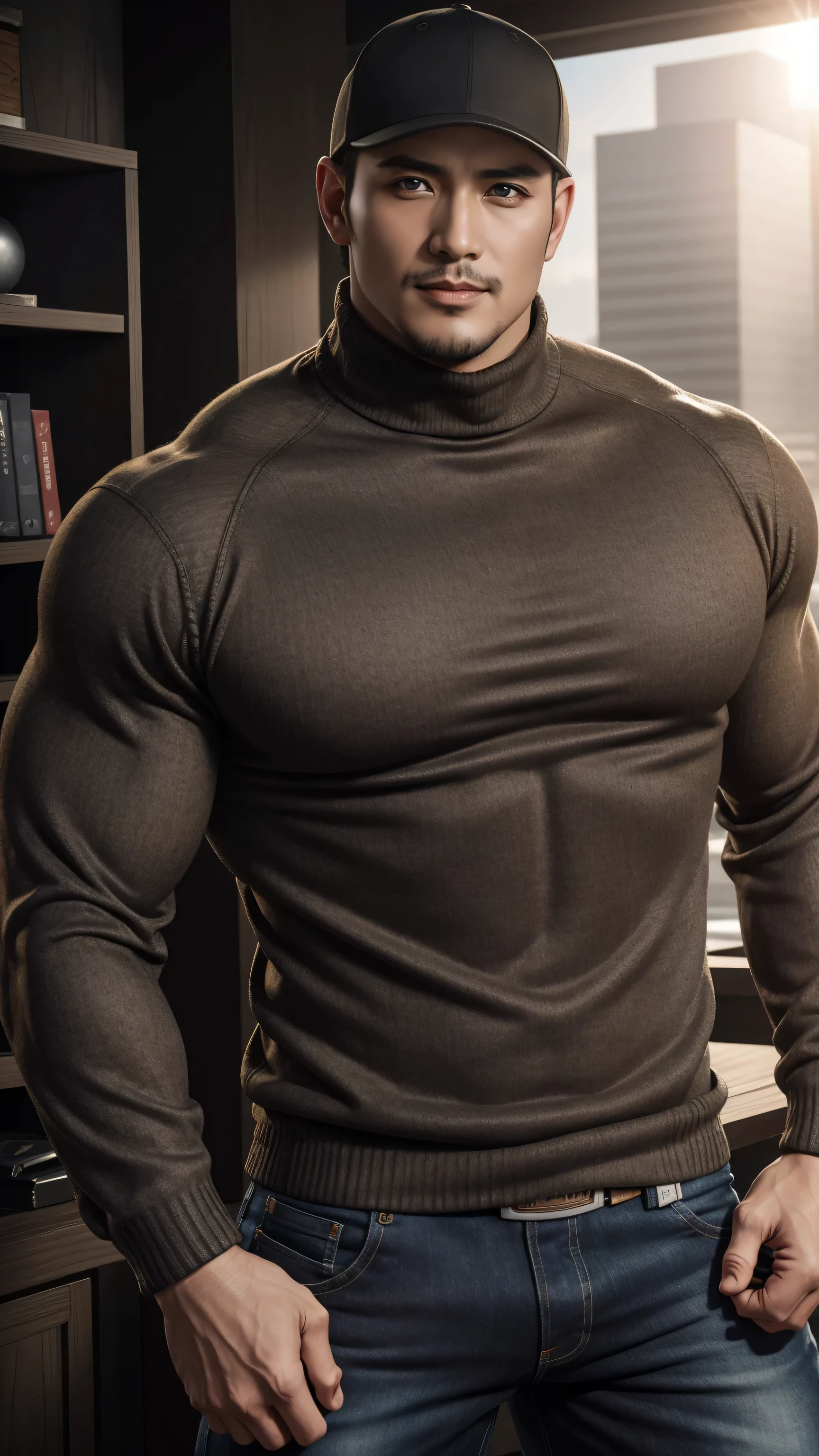 Tall giant muscular 肌肉男,baseball cap,Brown-gray turtleneck long-sleeved sweater,stretch sweater texture,jeans,sports shoes,character concept(Resident Evil - chris redfield,chris redfield)Smile is warm and charming,Deep and charming eyes,heroic male pose,高大burly,muscular!muscular大腿,tough guy,perfect facial features,High, burly, Heqiang, Super gain and cool, high resolution committee,Charming strong man,The bright sunshine is shining on you