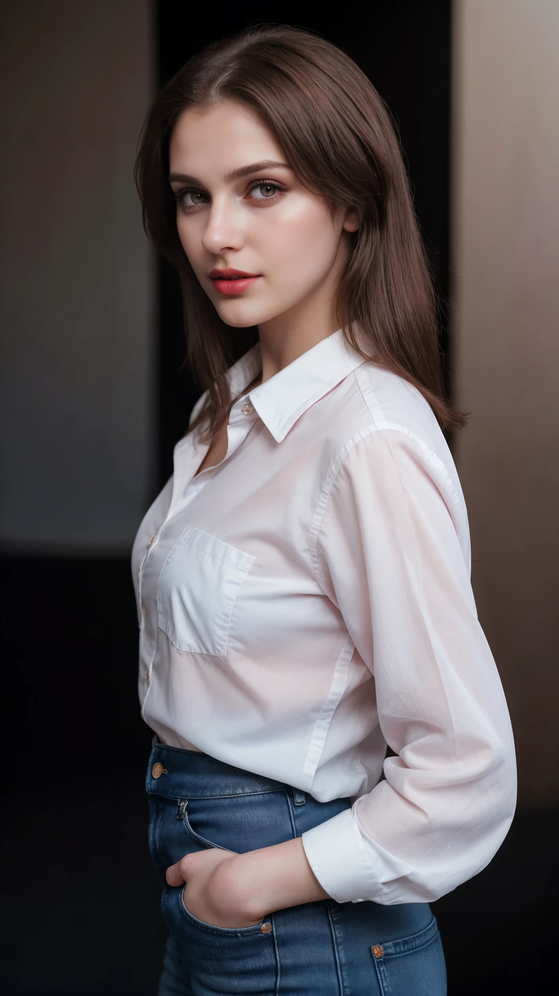 Boycut brown shining hair, (RAW photo), (realism: 1.8), (gloss red lipstick, many eyelashes, dark black eye shadow, shy, blushing, high quality, high resolution, depth of field, chromatic aberration, caustic, wide light, dark pink fair glossy skin, (21 year old woman), stylish college girl, white shirt-blue jeans, lots of exposure, pose, visible 8k resolutions,