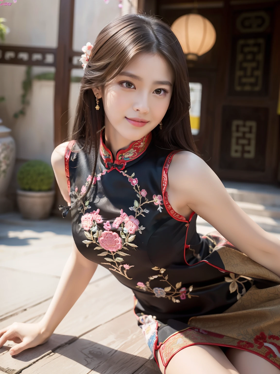 ulzzang -6500-v1.1, (Raw foto:1.2), (Photorealsitic:1.4), Delicate beautiful girl, The sparkling eyes have a very nice atmosphere，13years, Attractive eyes and moist lips, long black hair,（ssmile:1.3）, Detailed depiction of the face, Formula details, Detailed depiction of facial features Star Masterpiece Fine Detail, Describe your role in detail, Detailed depiction of hair, Carefully drawn ，My body is bump, Detailed depiction of the hand, Clothes drawn in detail, Detailed depiction of the face, face perfect, Detailed depiction of the hand，4fingers and 1thumb：1.3）, orthofacial, choker necklace, eardrop, Works of masters, Infinitely close to reality，（Full body photo：1.5），Highest image quality, best quality, infinite details，8k resolution，(((Beautiful patterned embroidered cheongsam 1.3)))，((Many colorful cheongsam dress)))，（Ancient courtyard scene：1.3）,A smile, Constriction of the lower back, sexy  pose, Bold poses, Beautiful legs visible through the slit of a long skirt, large full breasts, neatly bunched hair, Whole Body photo shooting,