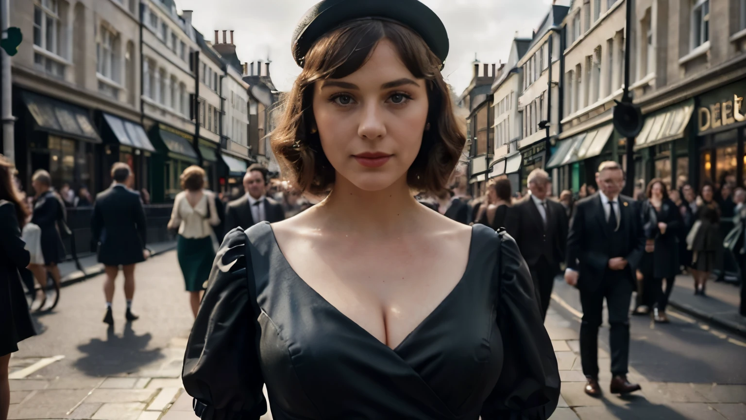 ((best quality)), ((masterpiece)), (detailed), perfect face 1920s UK woman in the london crowd streets, full body, decollete dress, detailed face, DSLR 8K UHD capture, soft lighting, touch of film grain, ultra fine, dramatic lighting, modesty preserved.