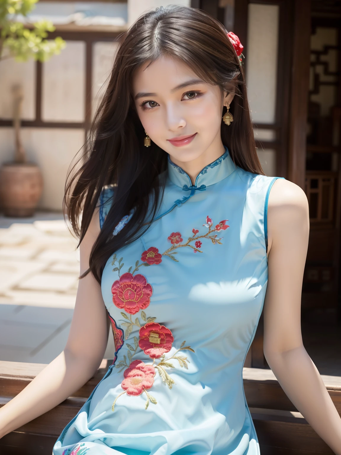 ulzzang -6500-v1.1, (Raw foto:1.2), (Photorealsitic:1.4), Delicate beautiful girl, The sparkling eyes have a very nice atmosphere，13years, Attractive eyes and moist lips, long black hair,（ssmile:1.3）, Detailed depiction of the face, Formula details, Detailed depiction of facial features Star Masterpiece Fine Detail, Describe your role in detail, Detailed depiction of hair, Carefully drawn ，My body is bump, Detailed depiction of the hand, Clothes drawn in detail, Detailed depiction of the face, face perfect, Detailed depiction of the hand，4fingers and 1thumb：1.3）, orthofacial, choker necklace, eardrop, Works of masters, Infinitely close to reality，（Full body photo：1.5），Highest image quality, best quality, infinite details，8k resolution，(((Beautiful patterned embroidered cheongsam 1.3)))，((Many colorful cheongsam dress)))，（Ancient courtyard scene：1.3）,A smile, Constriction of the lower back, sexy  pose, Bold poses, Beautiful legs visible through the slit of a long skirt, large full breasts, neatly bunched hair, Whole Body photo shooting,